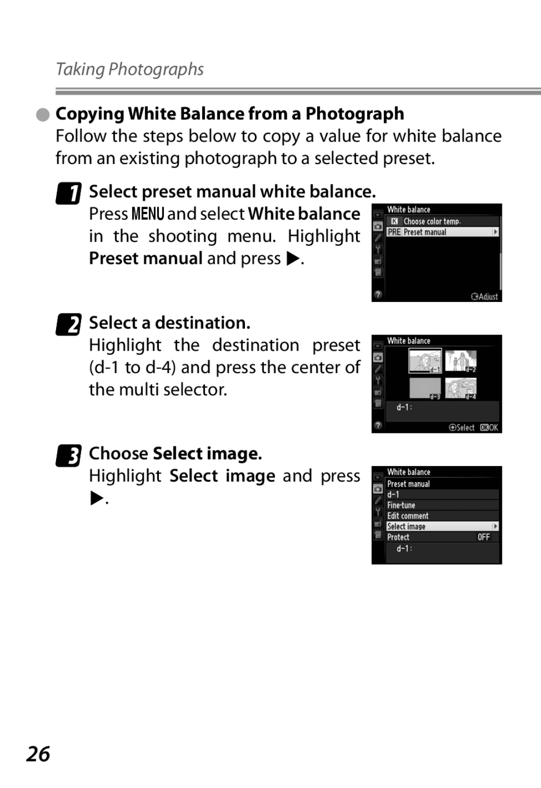 Nikon Camera manual Copying White Balance from a Photograph, Select a destination, Choose Select image 