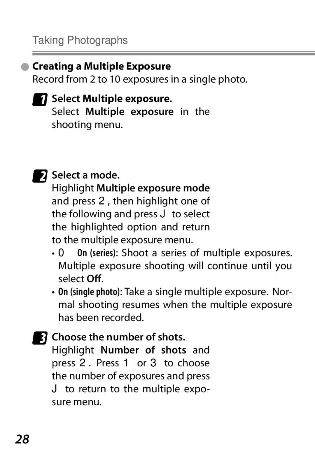 Nikon Camera manual Creating a Multiple Exposure, Record from 2 to 10 exposures in a single photo 