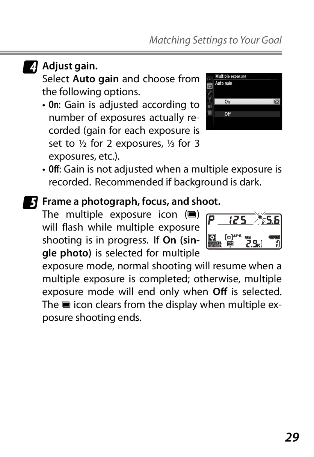 Nikon Camera manual Adjust gain, Select Auto gain and choose from the following options, Multiple exposure icon n 