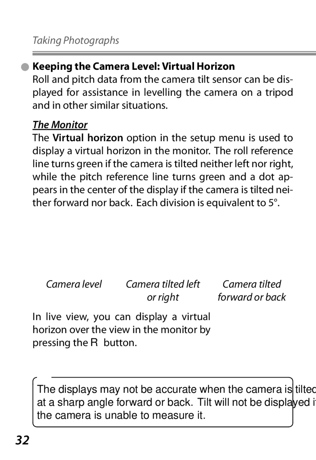 Nikon manual Keeping the Camera Level Virtual Horizon, Monitor, Tilt 