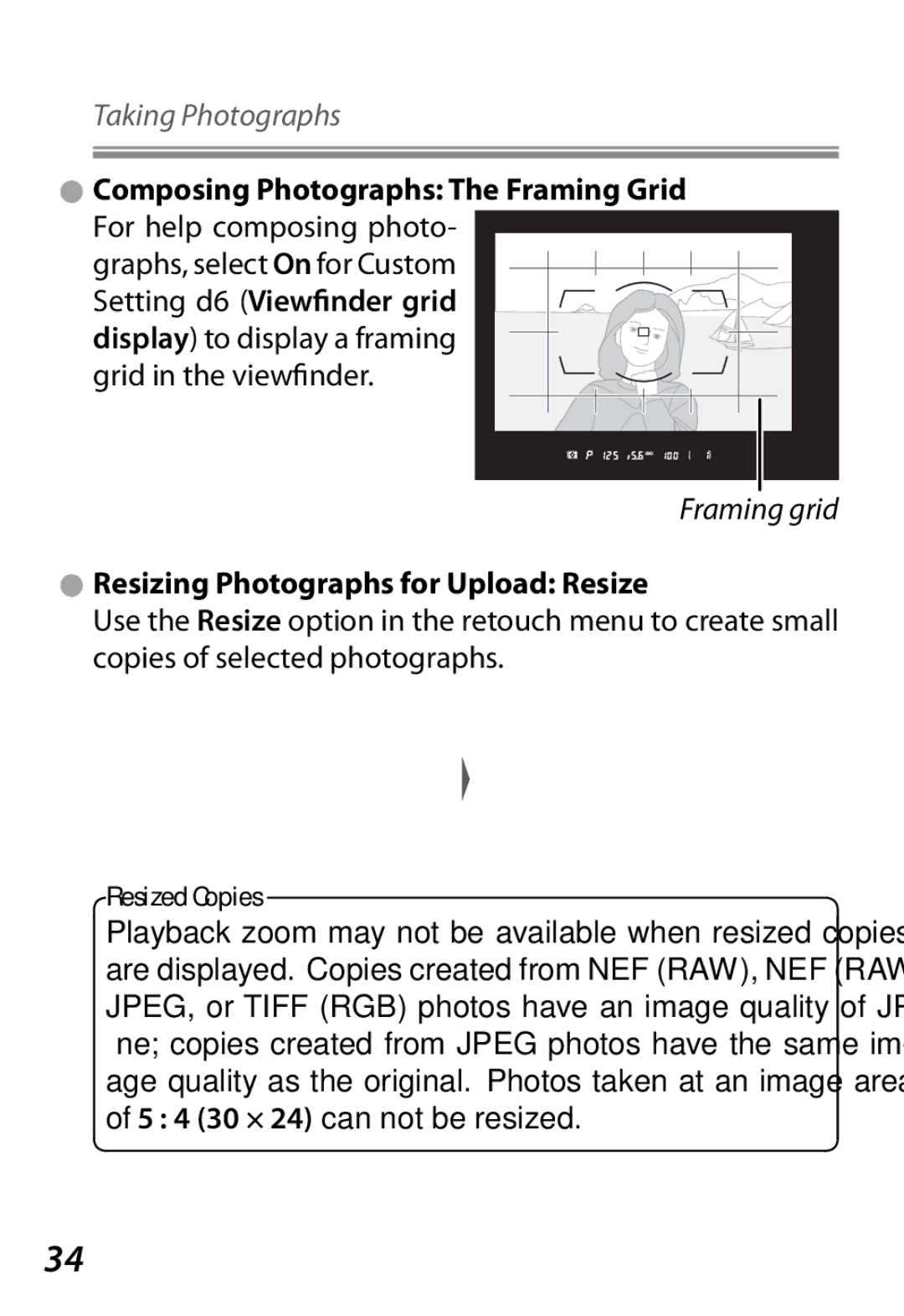 Nikon Camera manual Resizing Photographs for Upload Resize, Resized Copies 