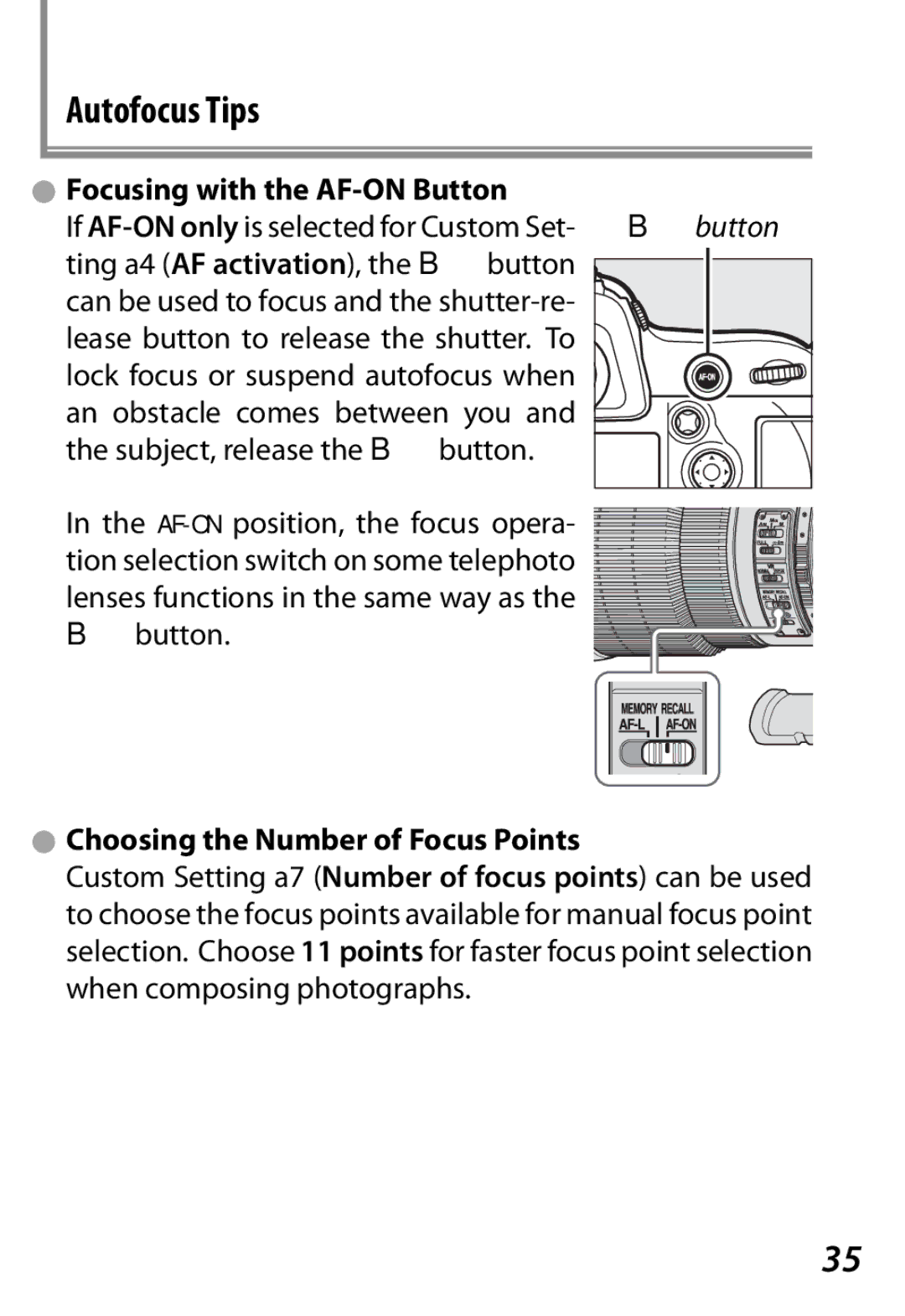 Nikon Camera manual Autofocus Tips, Focusing with the AF-ON Button, Choosing the Number of Focus Points 