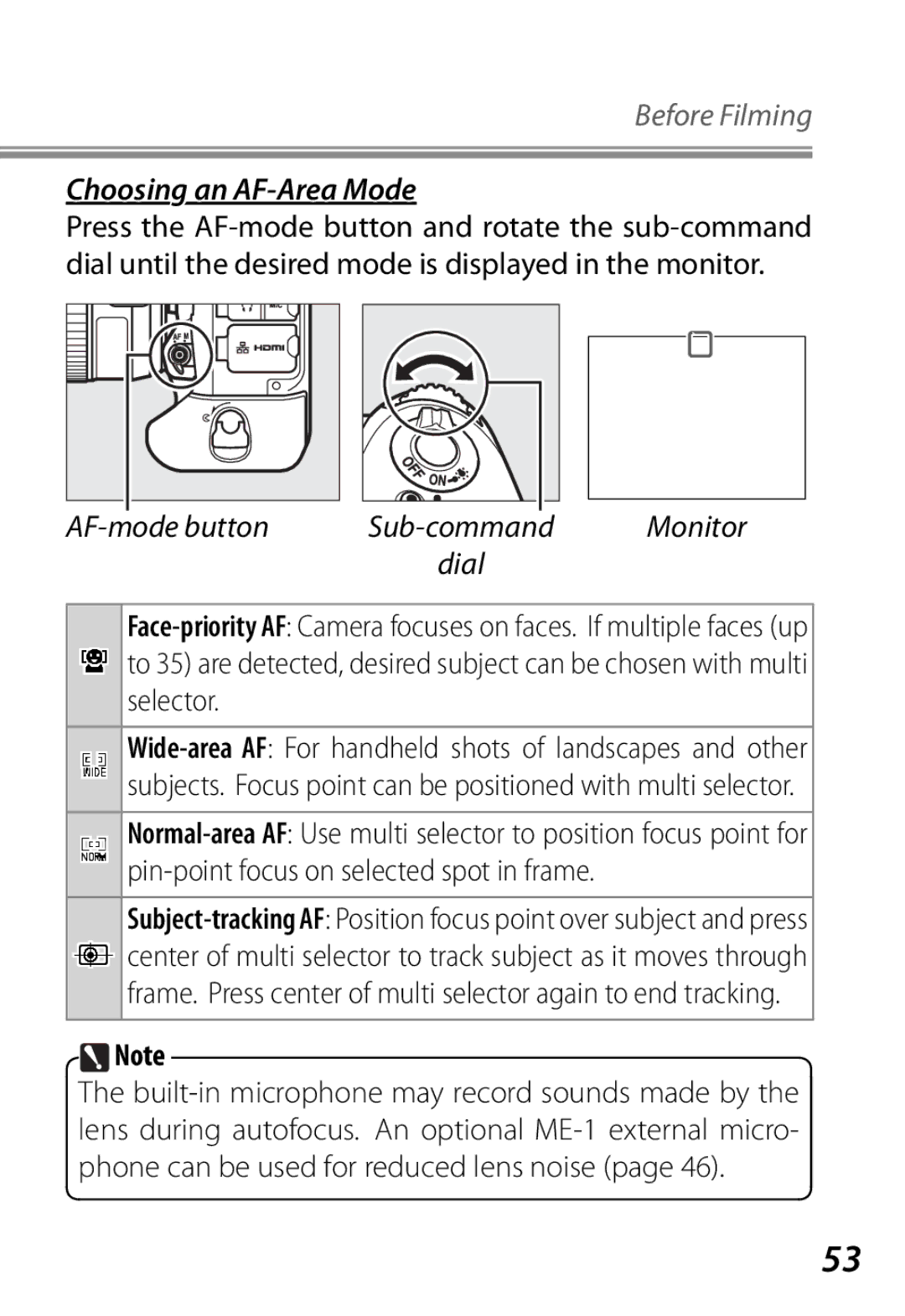 Nikon Camera manual Choosing an AF-Area Mode 