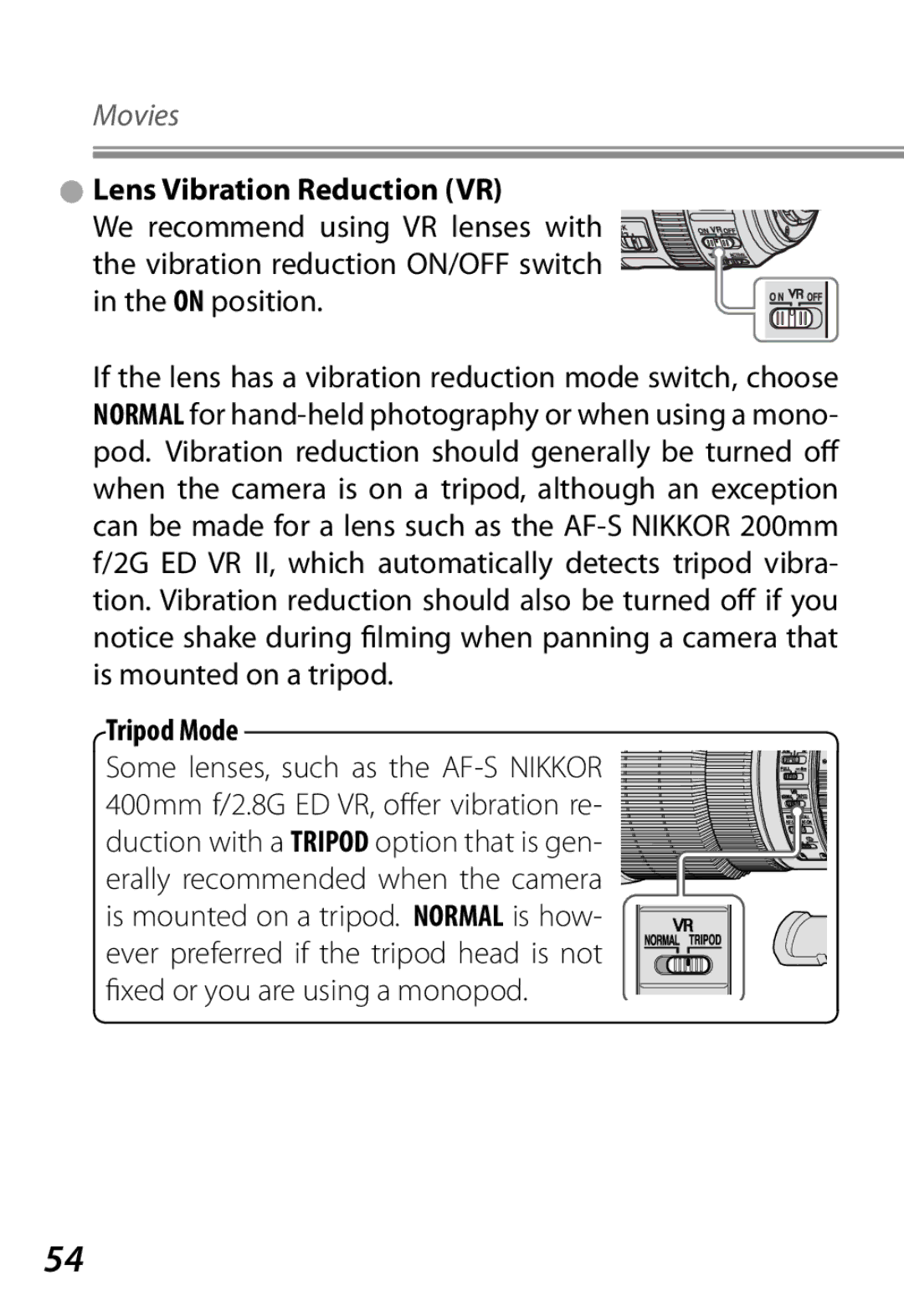 Nikon Camera manual Lens Vibration Reduction VR, Tripod Mode 