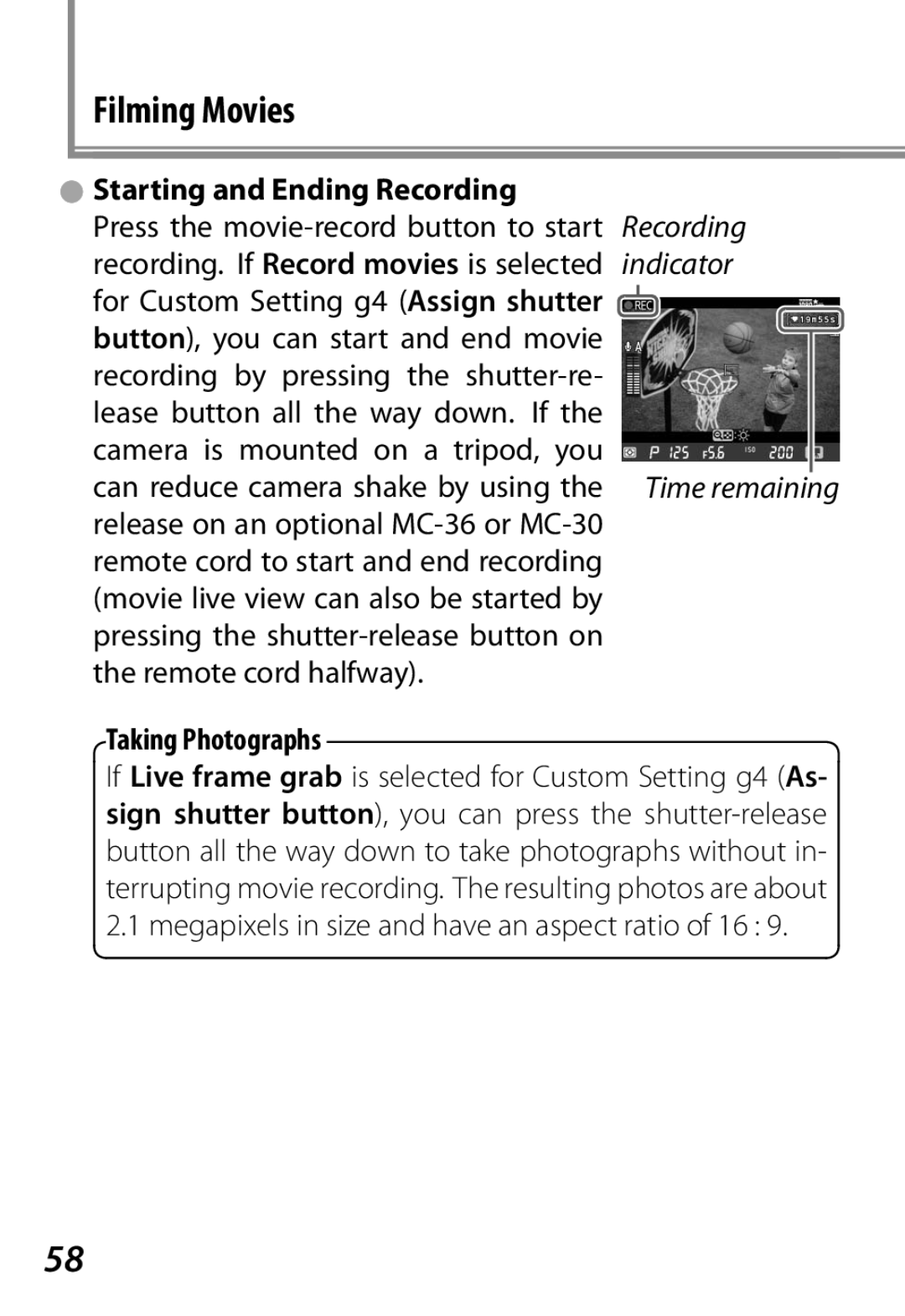 Nikon Camera manual Filming Movies, Starting and Ending Recording 