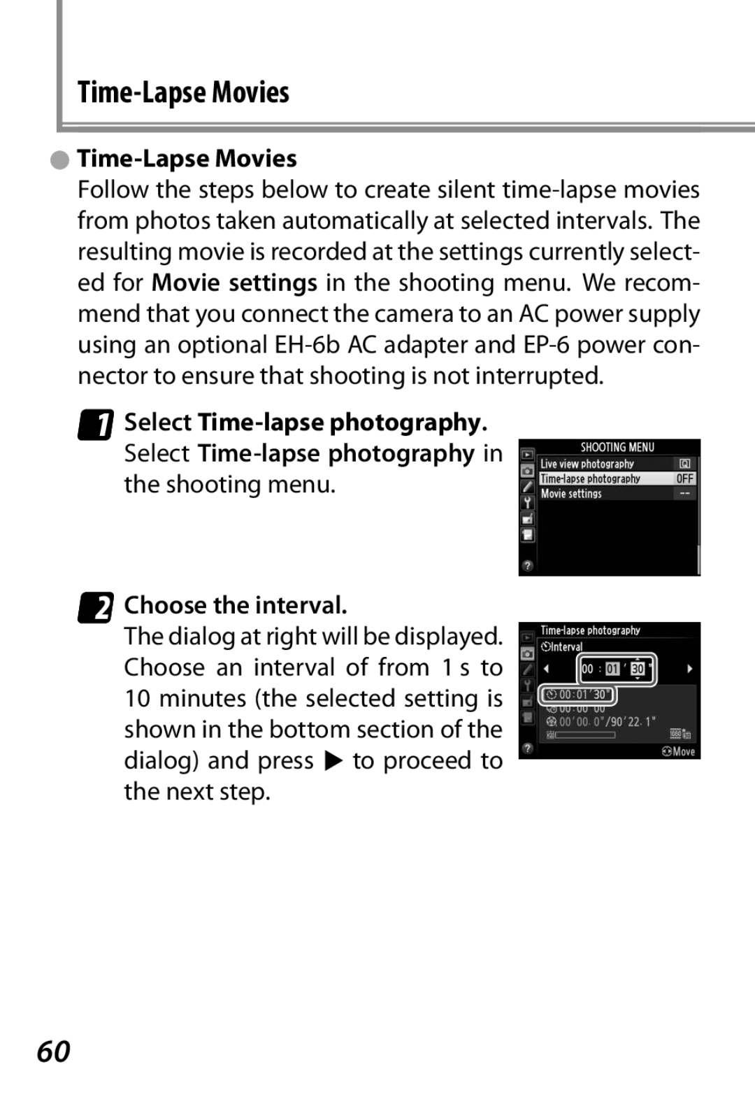 Nikon Camera manual Time-Lapse Movies, Choose the interval 