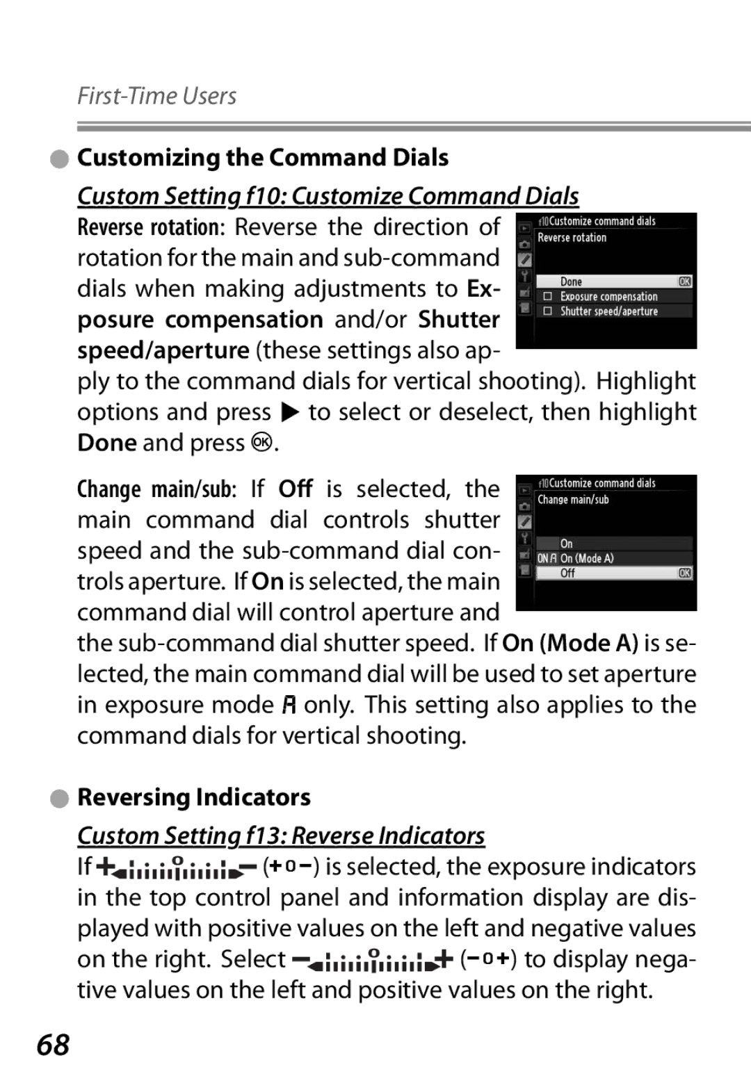 Nikon Camera manual Customizing the Command Dials, Custom Setting f10 Customize Command Dials, Reversing Indicators 