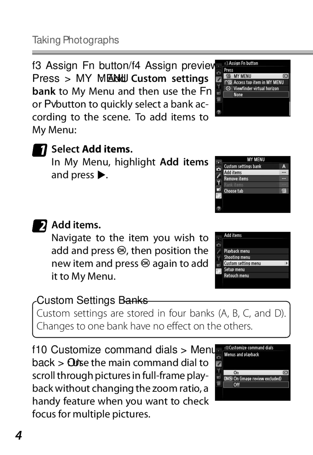 Nikon Camera manual Select Add items, My Menu, highlight Add items and press, Custom Settings Banks 