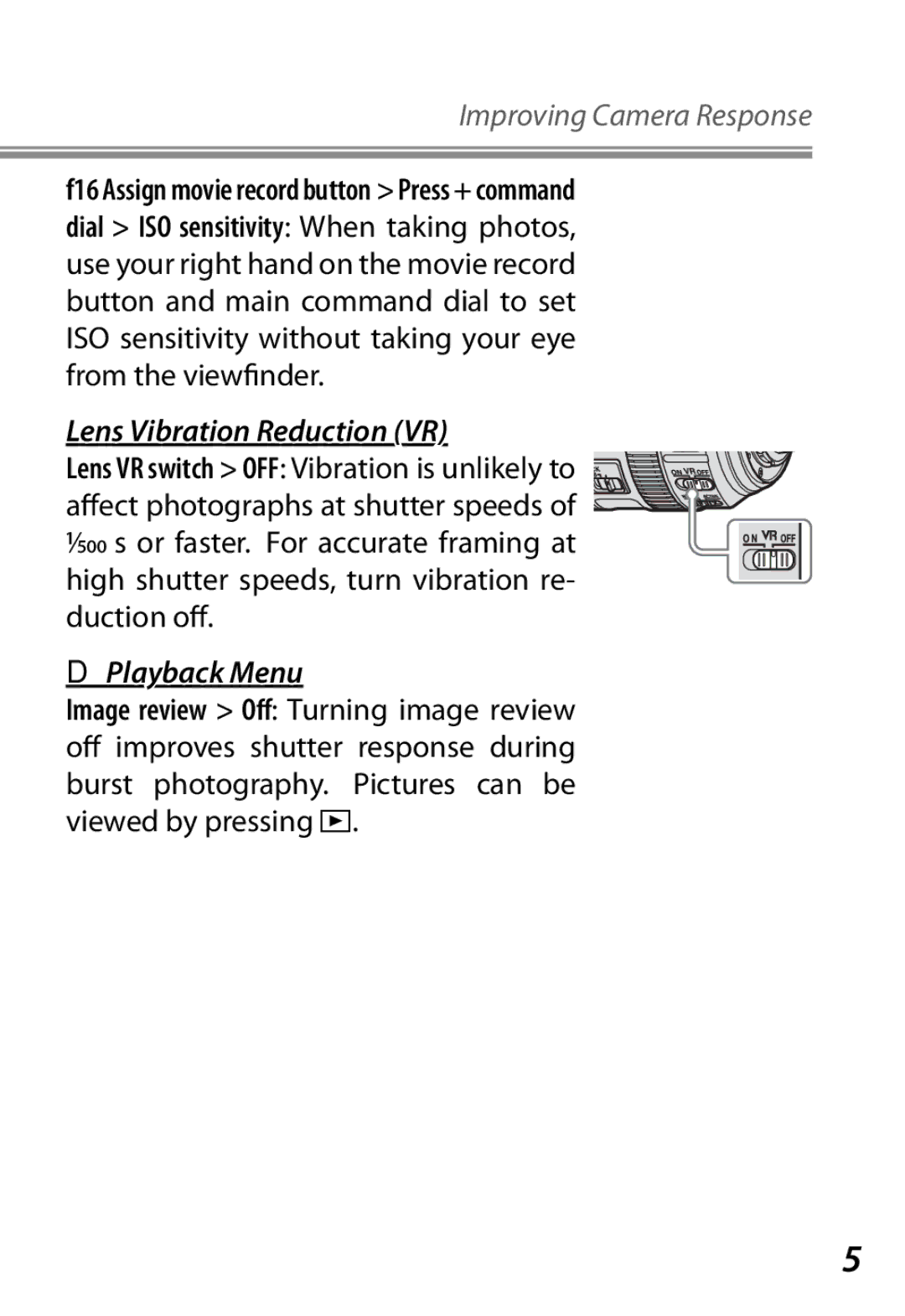 Nikon Camera manual Lens Vibration Reduction VR, DPlayback Menu 