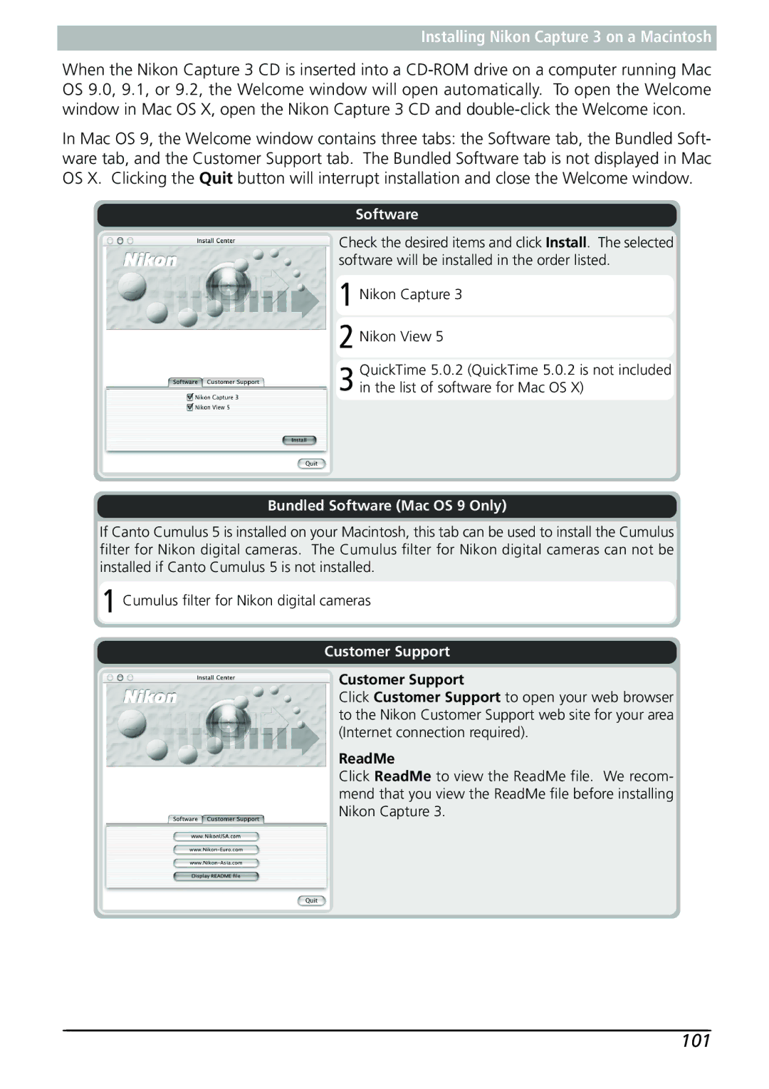 Nikon manual 101, Installing Nikon Capture 3 on a Macintosh 