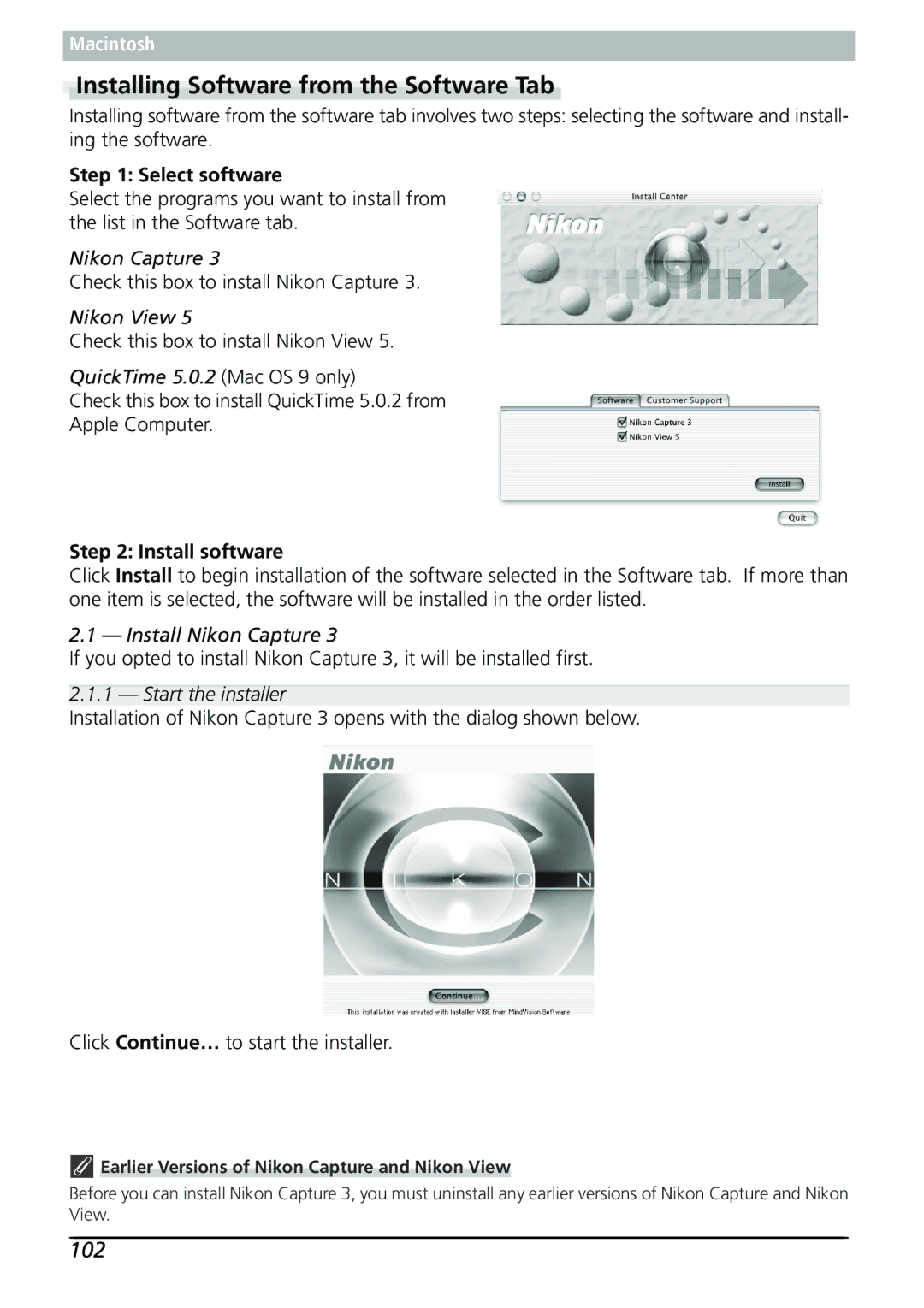 Nikon Capture 3 manual 102, Select software, QuickTime 5.0.2 Mac OS 9 only, Install software, Start the installer 