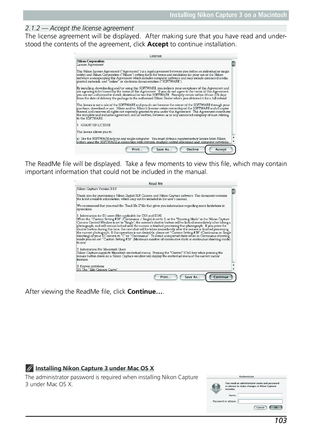 Nikon manual 103, Installing Nikon Capture 3 under Mac OS 