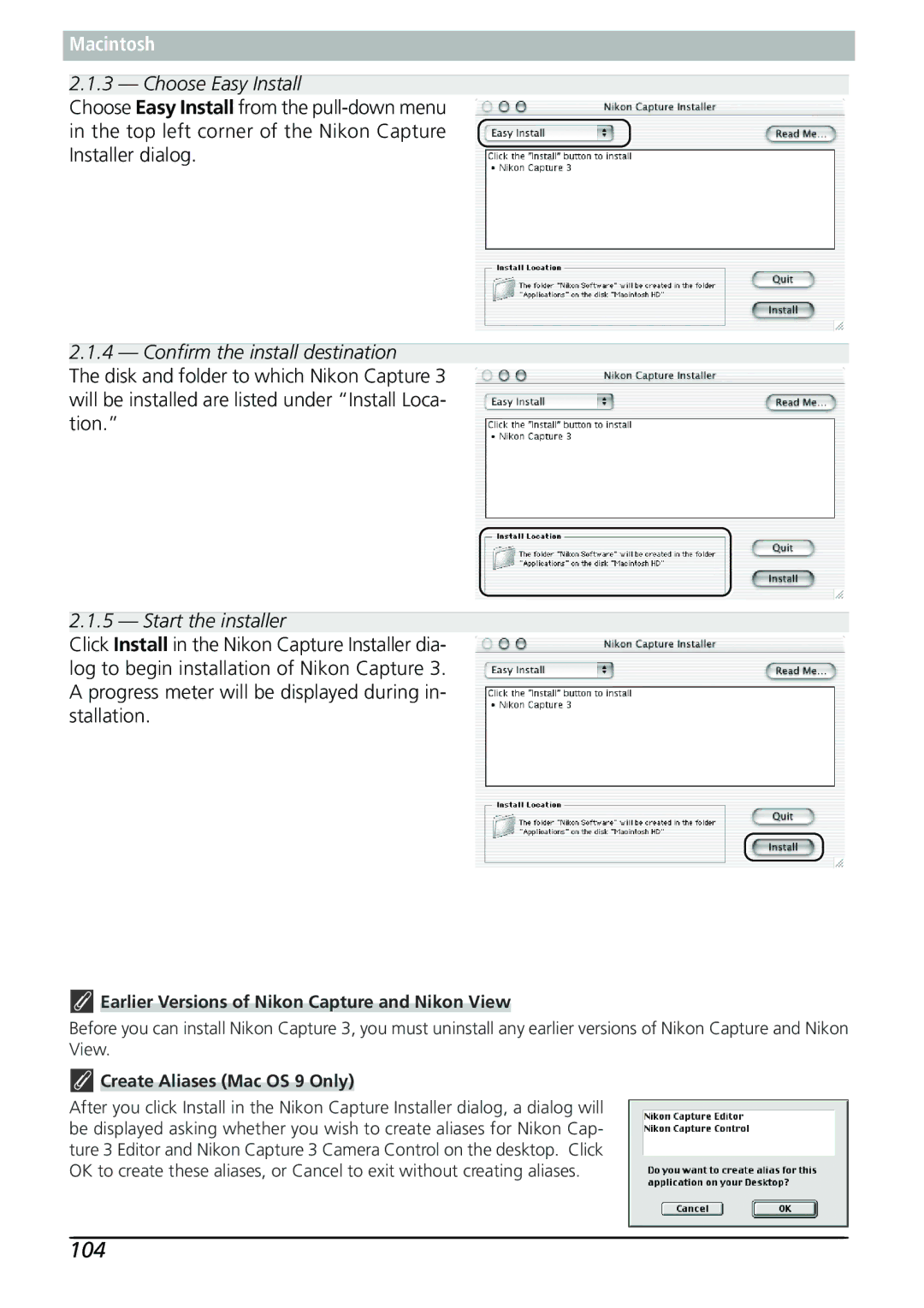 Nikon Capture 3 manual 104, Choose Easy Install, Confirm the install destination, Create Aliases Mac OS 9 Only 