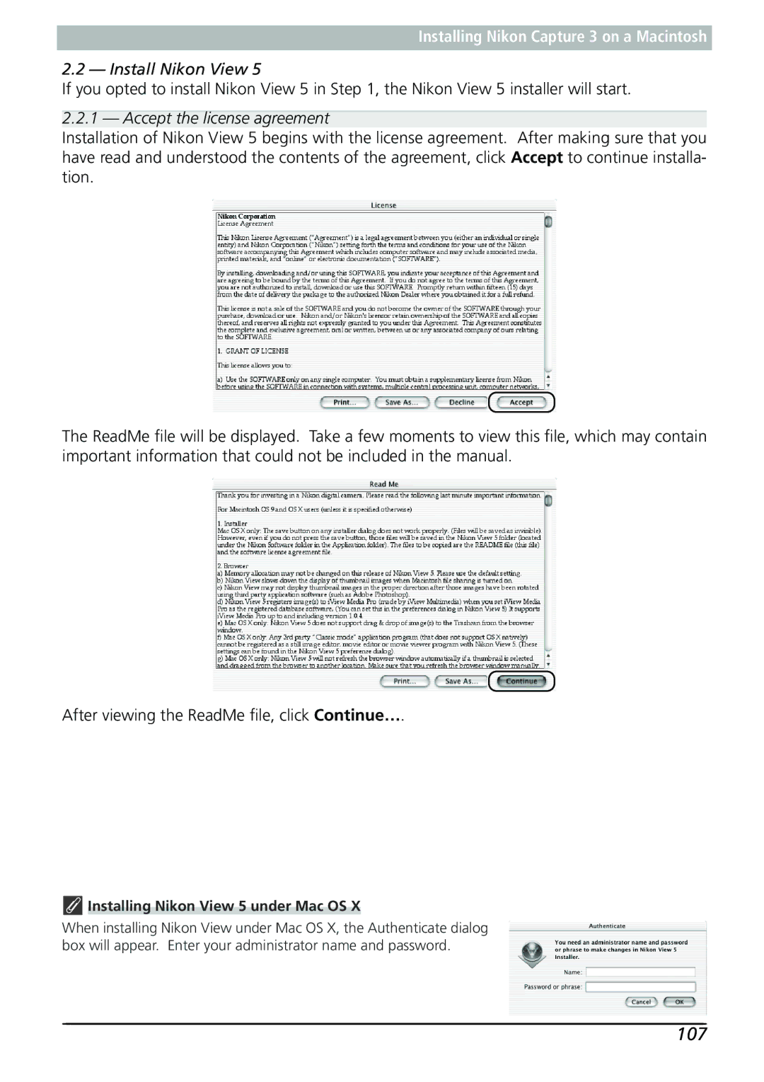 Nikon Capture 3 manual 107, Installing Nikon View 5 under Mac OS 
