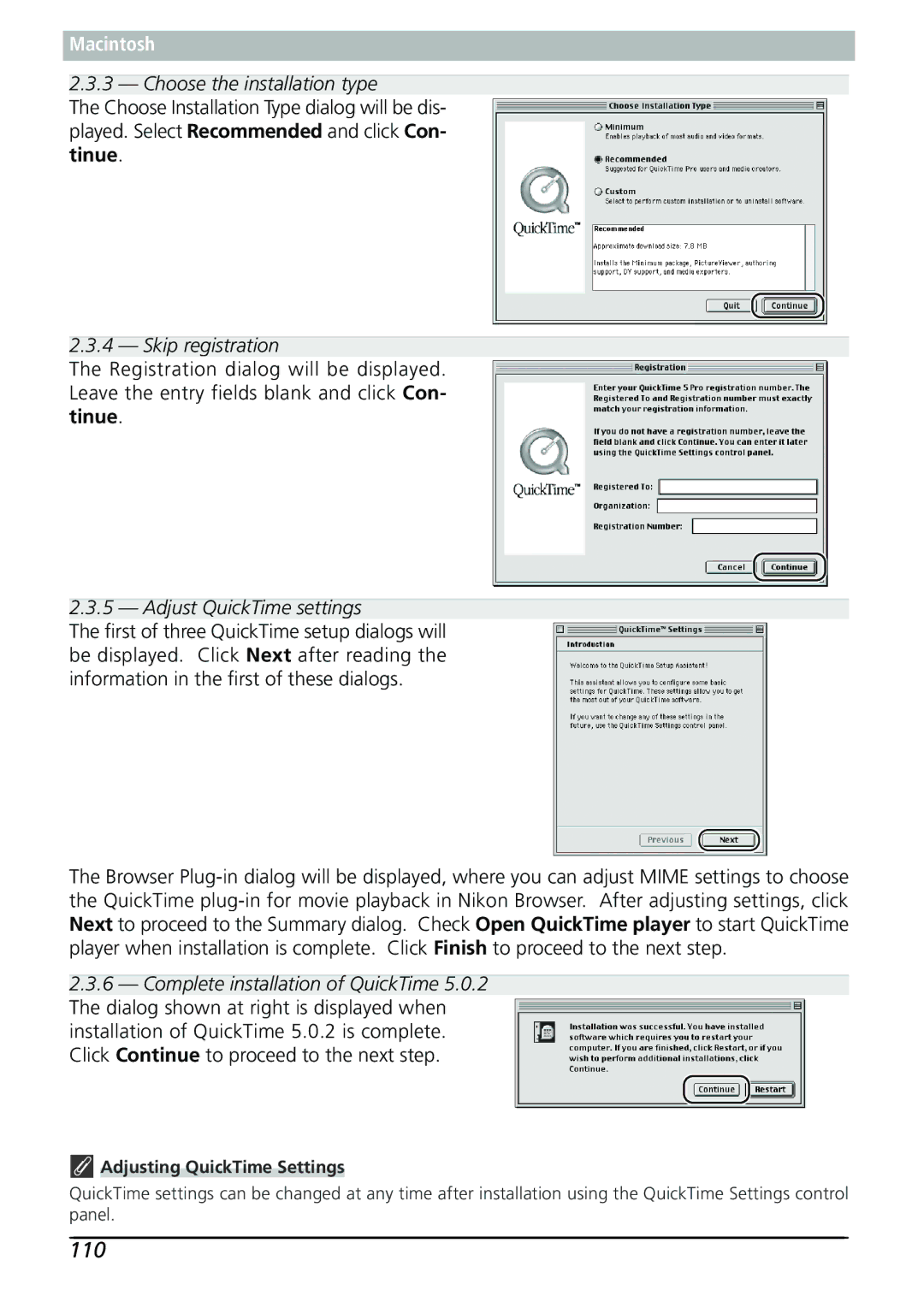 Nikon Capture 3 manual 110, Choose the installation type, Skip registration, Adjust QuickTime settings 