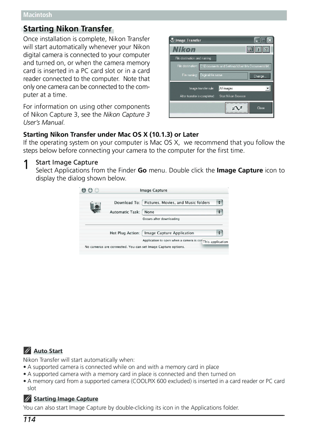 Nikon Capture 3 manual 114, Starting Nikon Transfer under Mac OS X 10.1.3 or Later, Starting Image Capture 