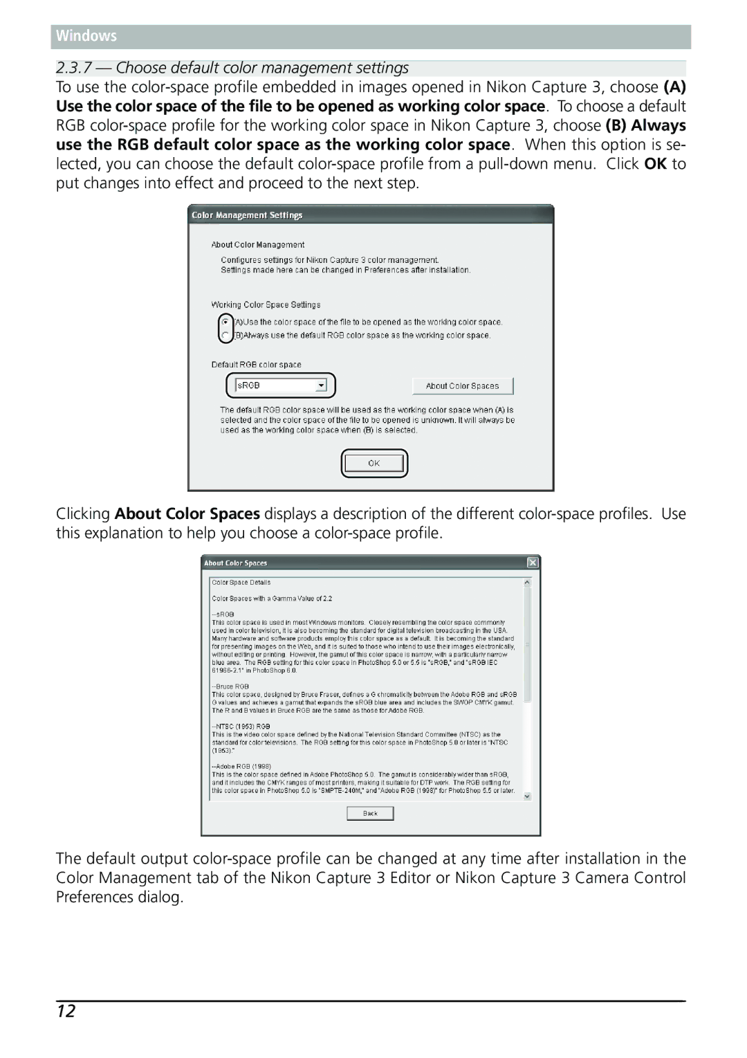 Nikon Capture 3 manual Choose default color management settings 