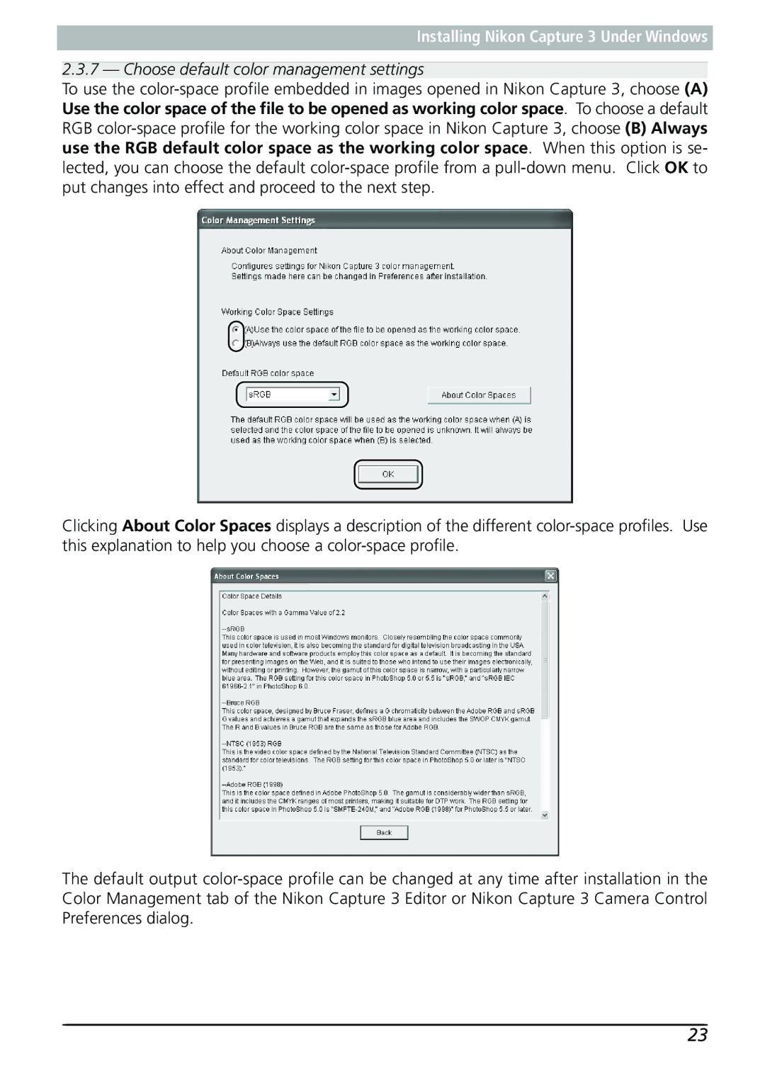 Nikon Capture 3 manual Choose default color management settings 