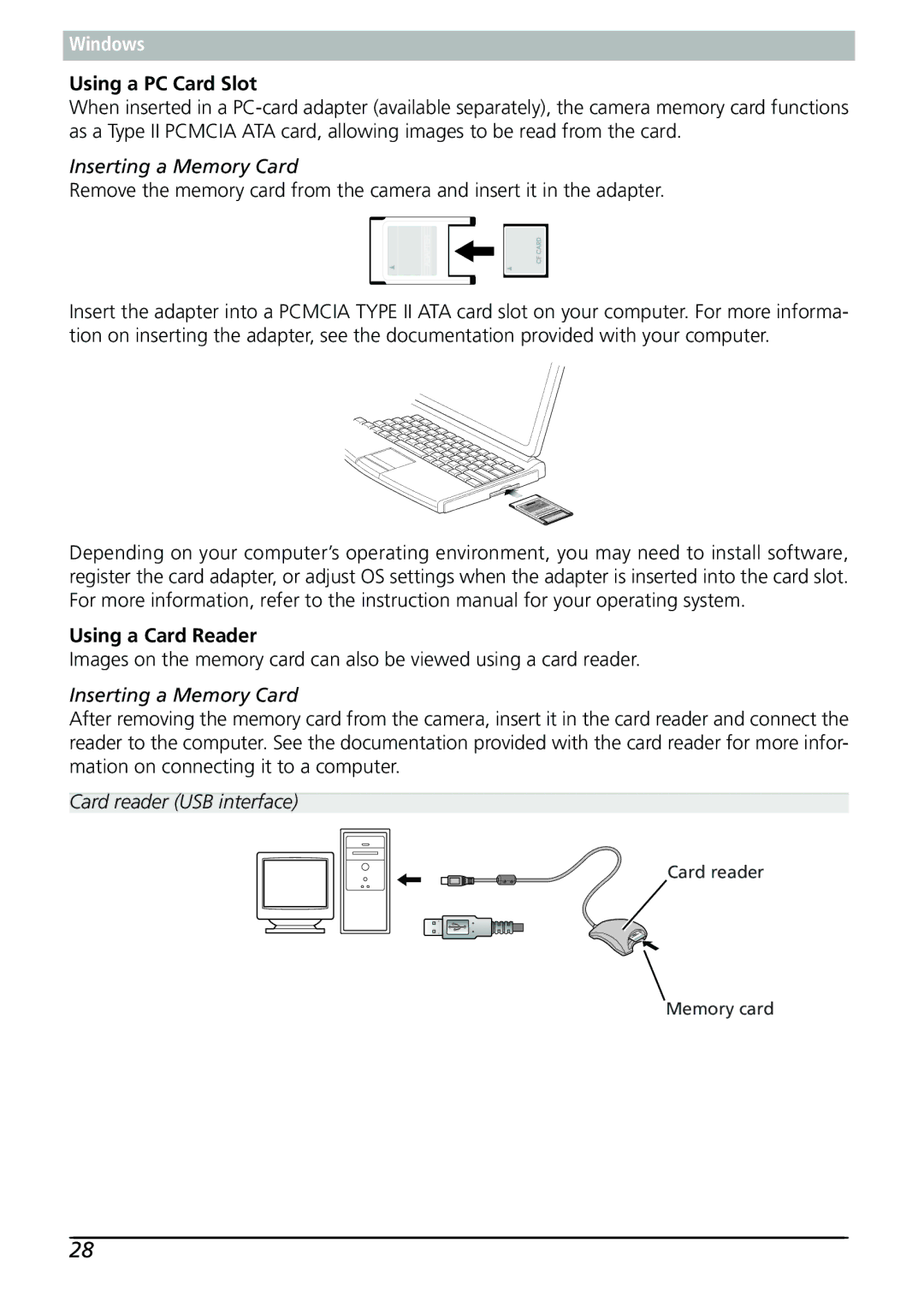 Nikon Capture 3 manual Using a PC Card Slot, Inserting a Memory Card, Using a Card Reader, Card reader USB interface 