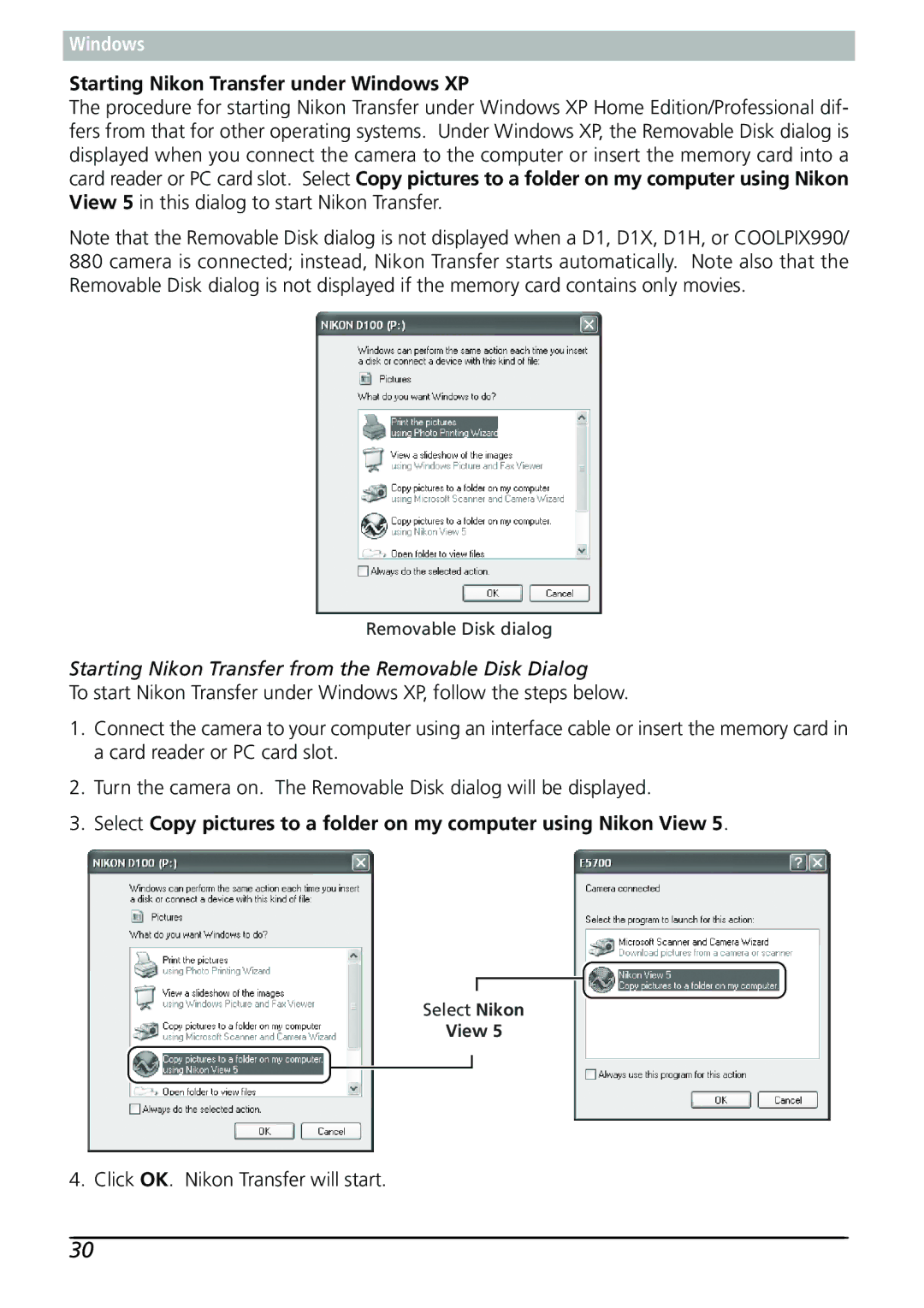 Nikon Capture 3 Starting Nikon Transfer under Windows XP, Starting Nikon Transfer from the Removable Disk Dialog, View 