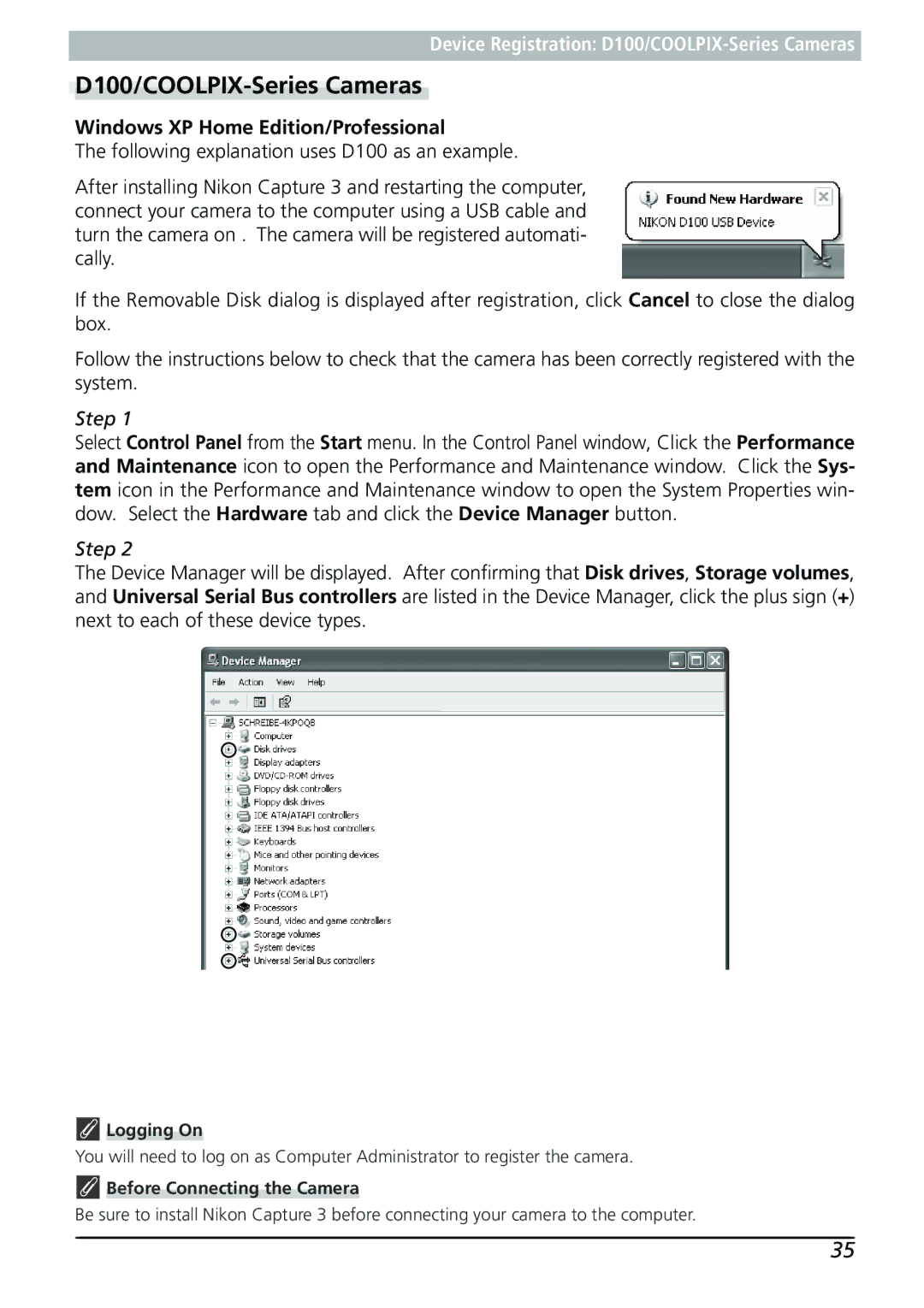 Nikon Capture 3 manual Windows XP Home Edition/Professional, Step, Logging On, Before Connecting the Camera 