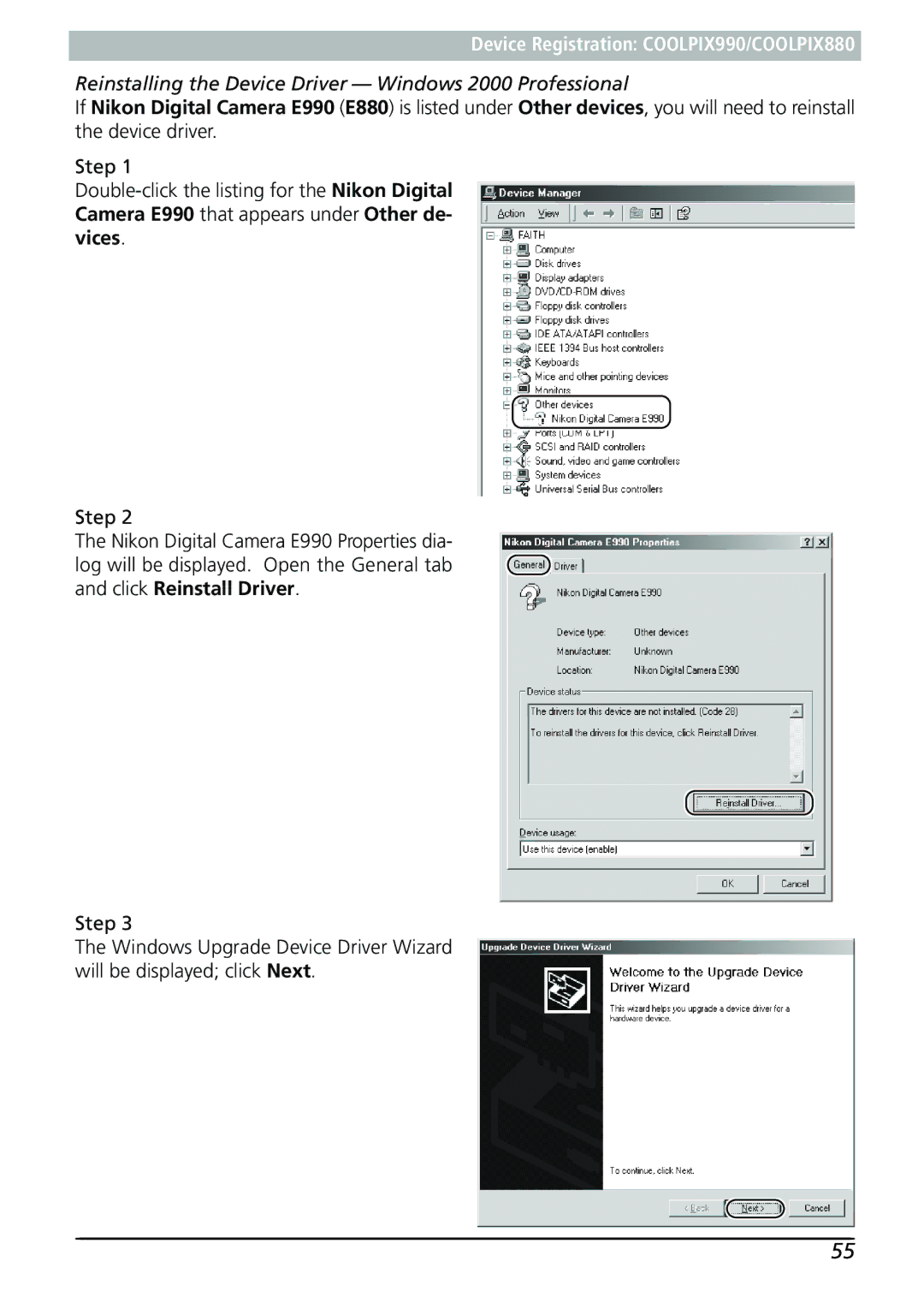 Nikon Capture 3 manual Reinstalling the Device Driver Windows 2000 Professional 