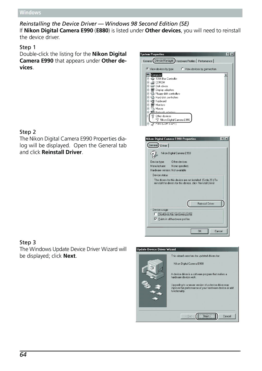 Nikon Capture 3 manual Reinstalling the Device Driver Windows 98 Second Edition SE 