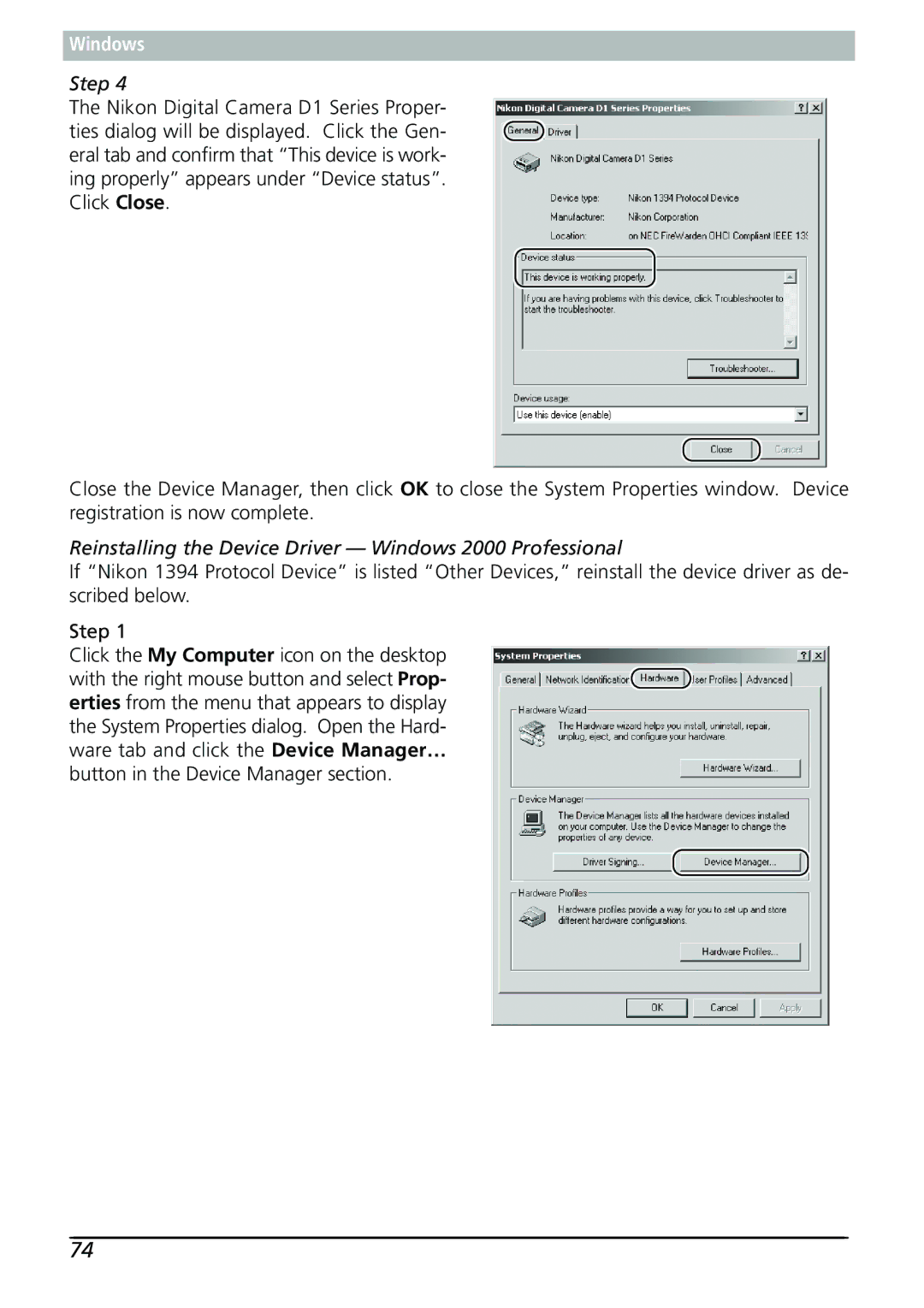 Nikon Capture 3 manual Reinstalling the Device Driver Windows 2000 Professional 