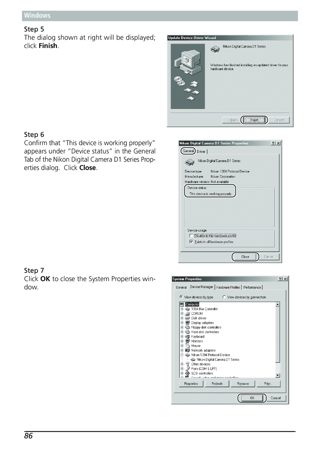 Nikon Capture 3 manual Step Click OK to close the System Properties win- dow 