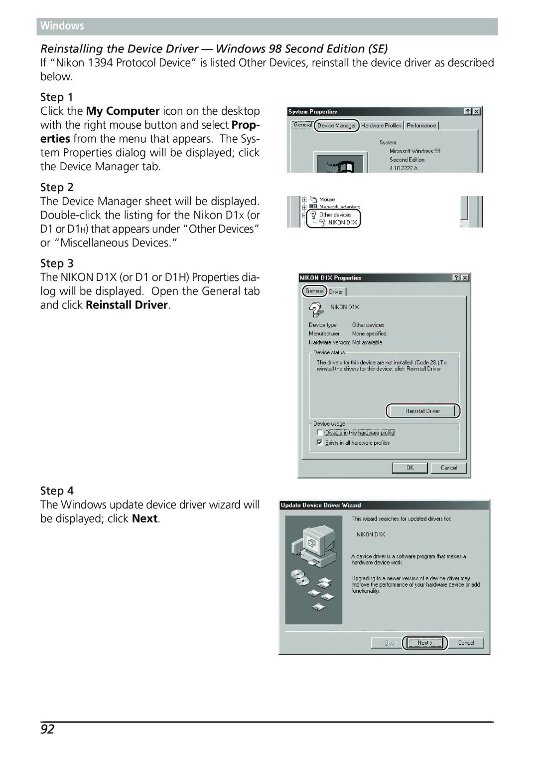 Nikon Capture 3 manual Reinstalling the Device Driver Windows 98 Second Edition SE 