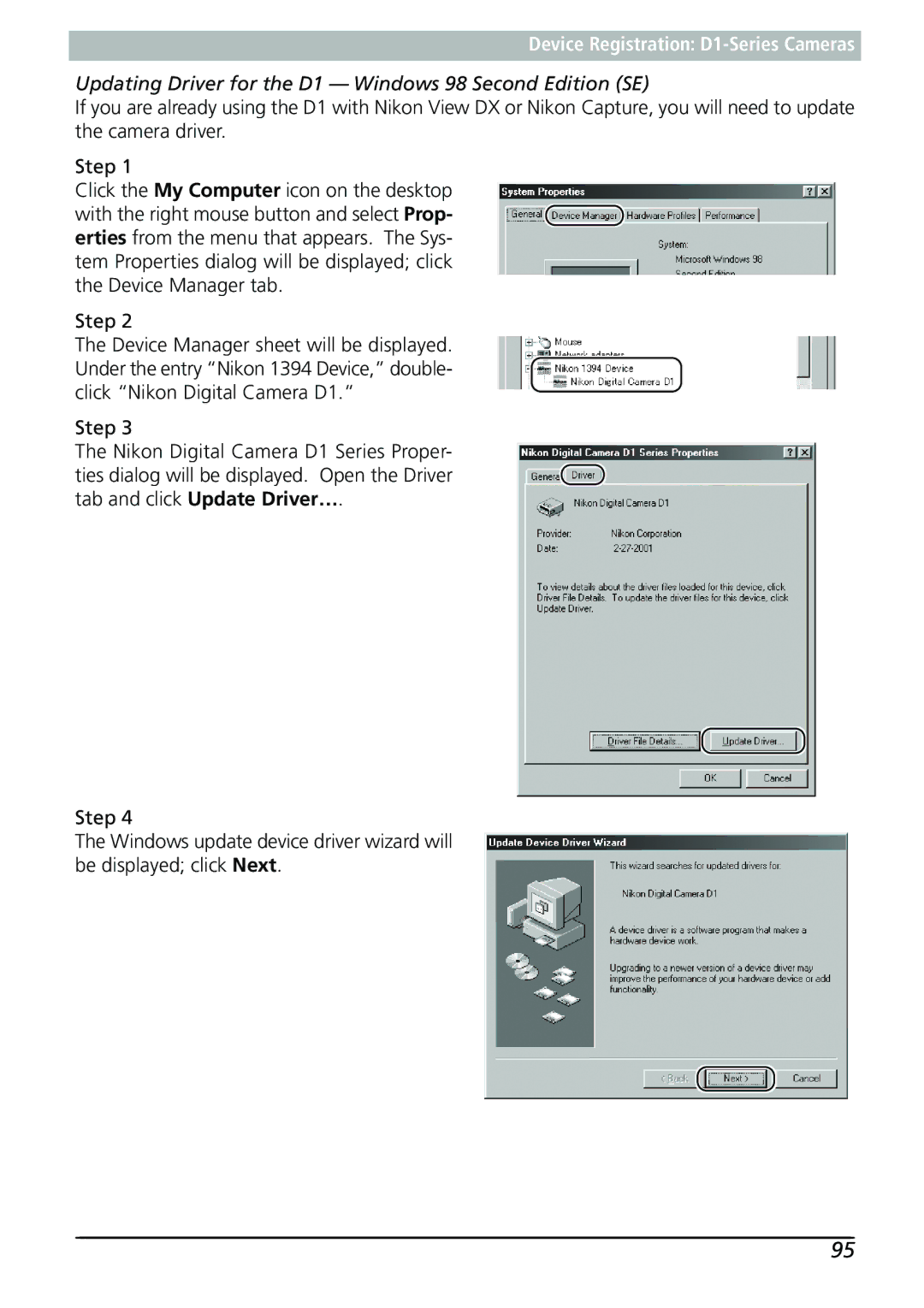 Nikon Capture 3 manual Updating Driver for the D1 Windows 98 Second Edition SE 