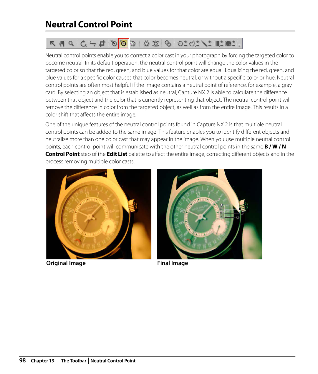 Nikon Capture NX2 user manual Neutral Control Point, Process removing multiple color casts 