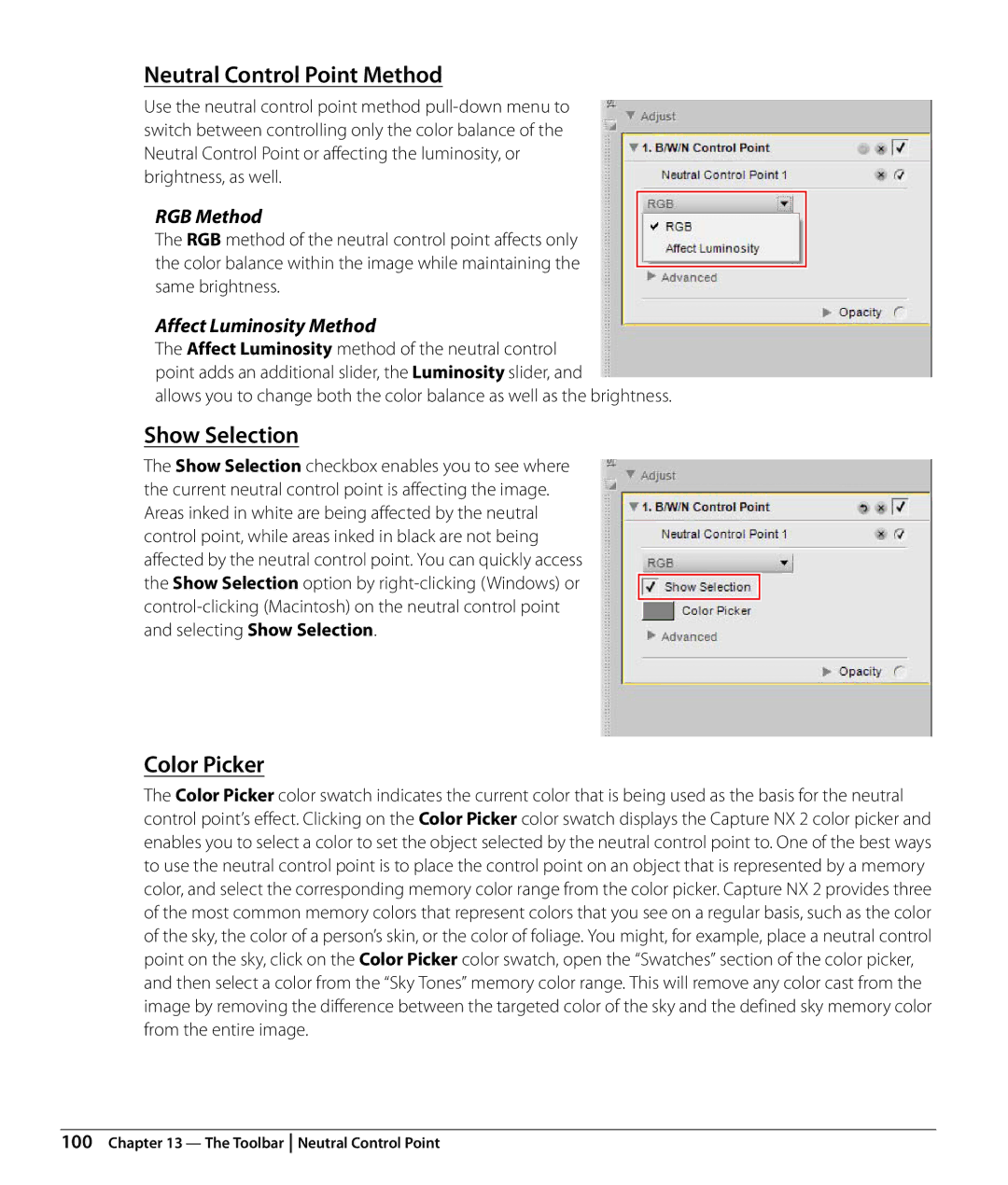 Nikon Capture NX2 user manual Neutral Control Point Method, Show Selection, Color Picker, Affect Luminosity Method 