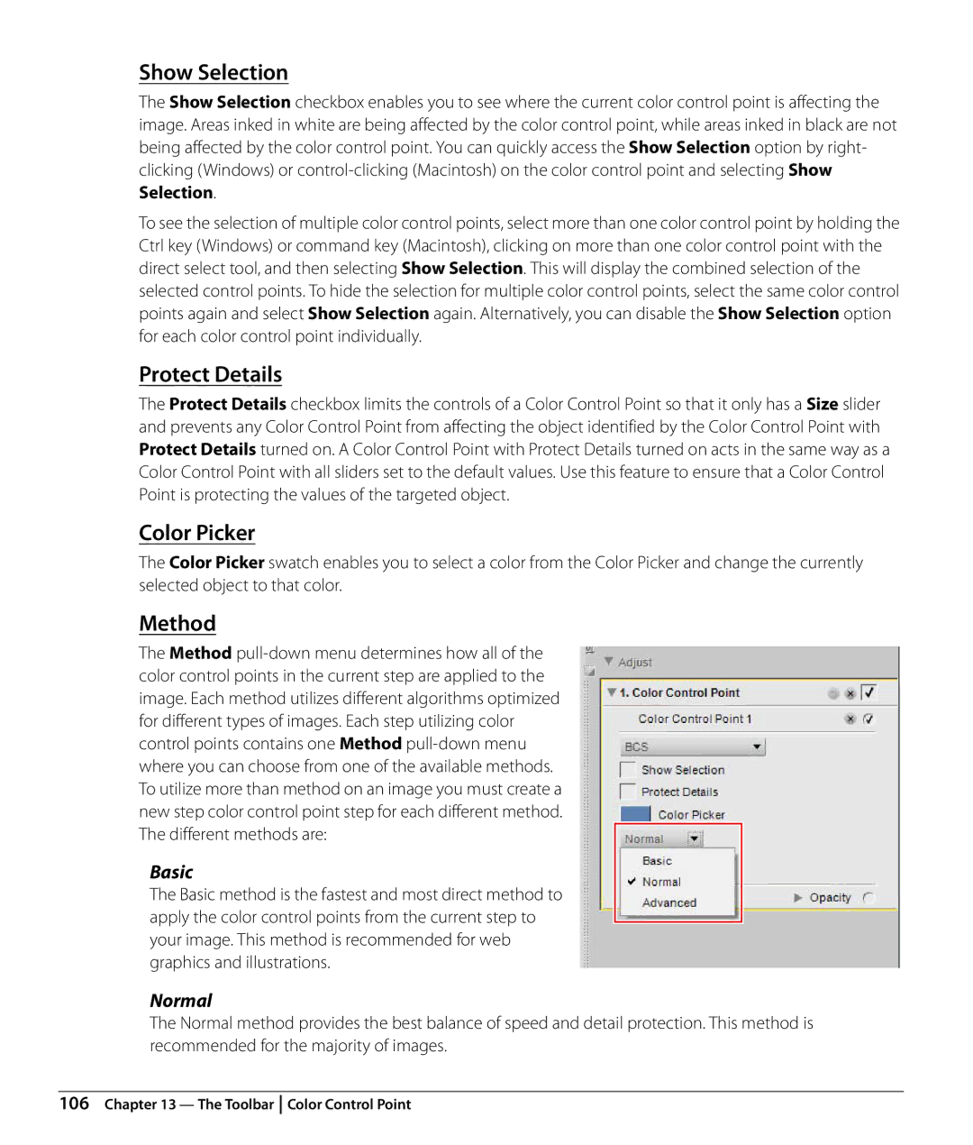 Nikon Capture NX2 user manual Protect Details, Method, Basic, Normal, For each color control point individually 