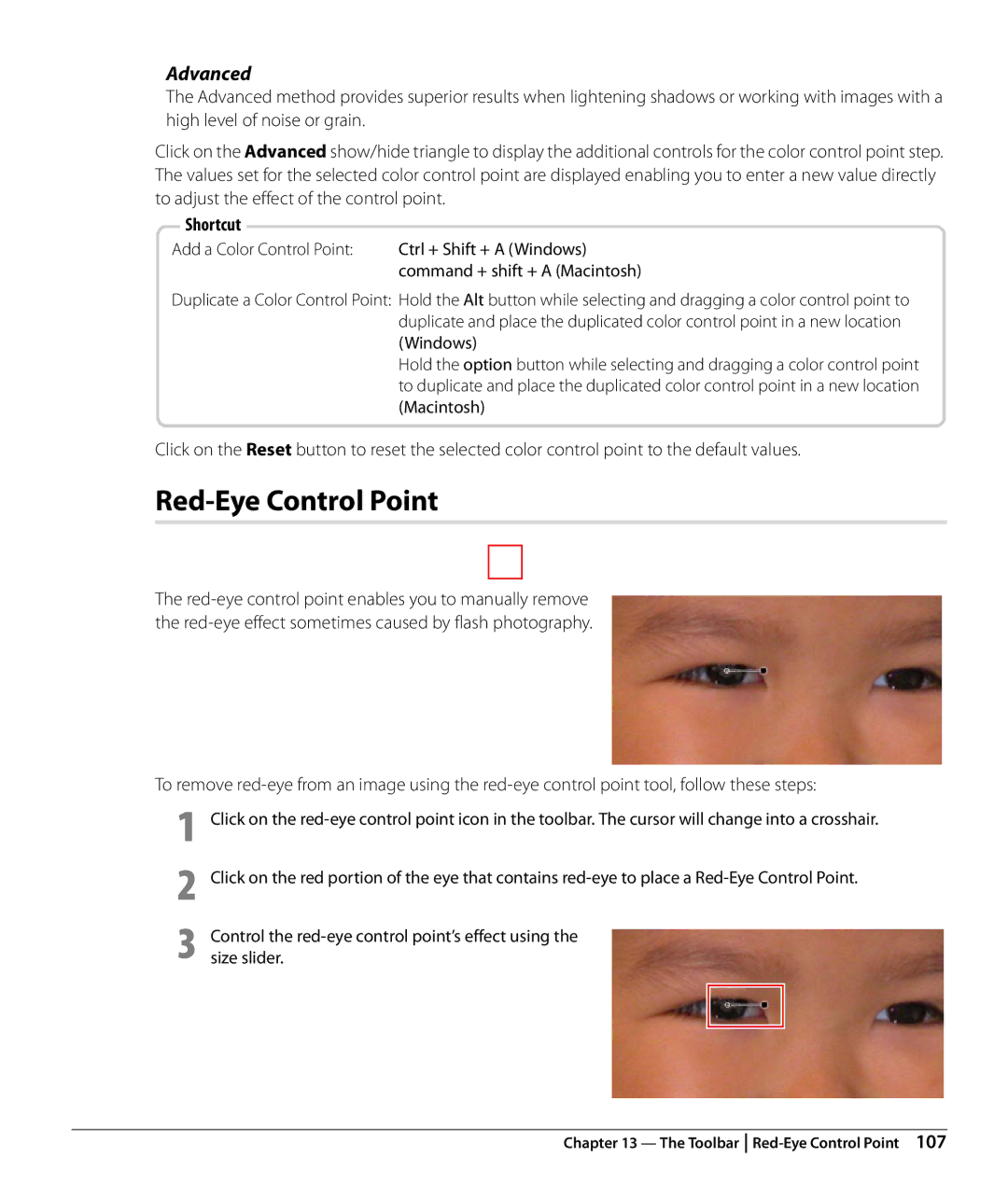 Nikon Capture NX2 user manual Red-Eye Control Point, Advanced, Add a Color Control Point Ctrl + Shift + a Windows 