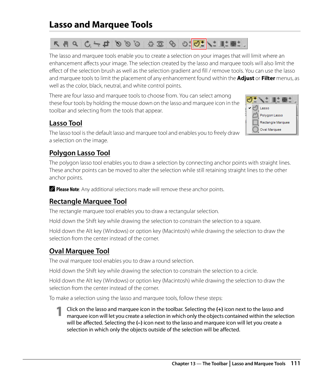 Nikon Capture NX2 user manual Lasso and Marquee Tools, Polygon Lasso Tool, Rectangle Marquee Tool, Oval Marquee Tool 