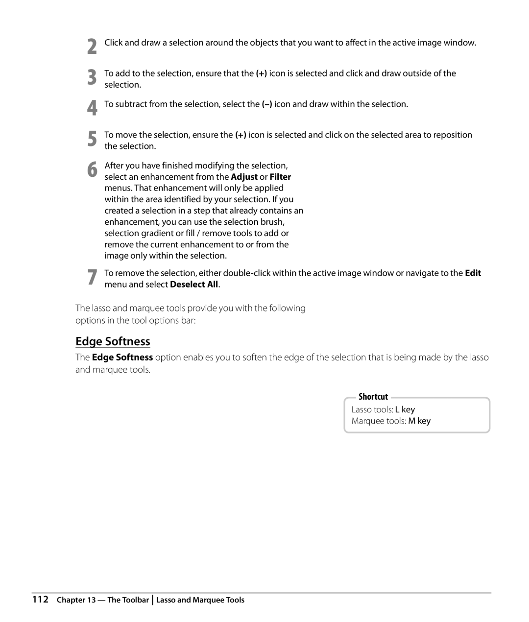 Nikon Capture NX2 user manual Edge Softness, Lasso tools L key Marquee tools M key 