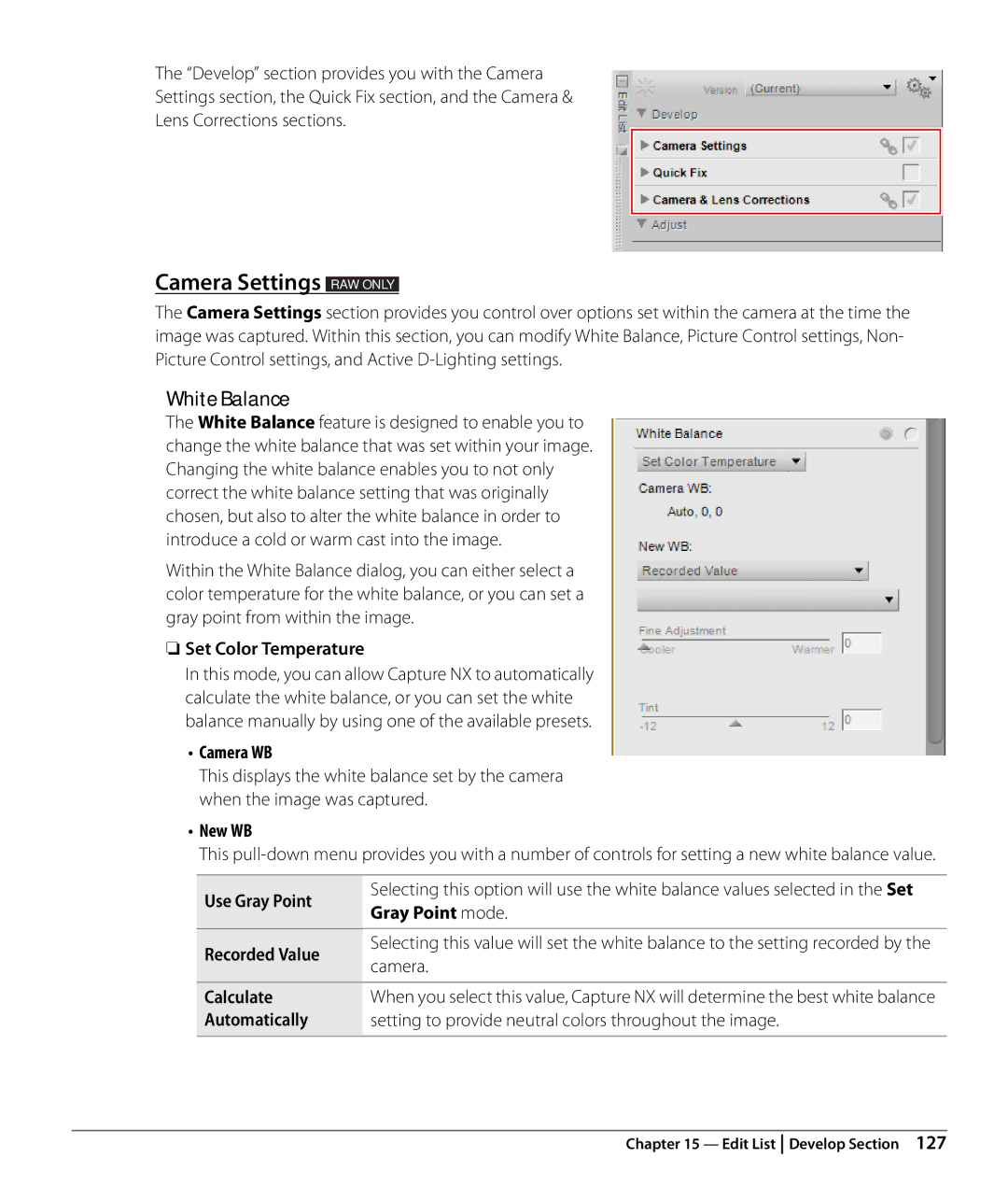 Nikon Capture NX2 user manual Camera Settings RAW only, White Balance 