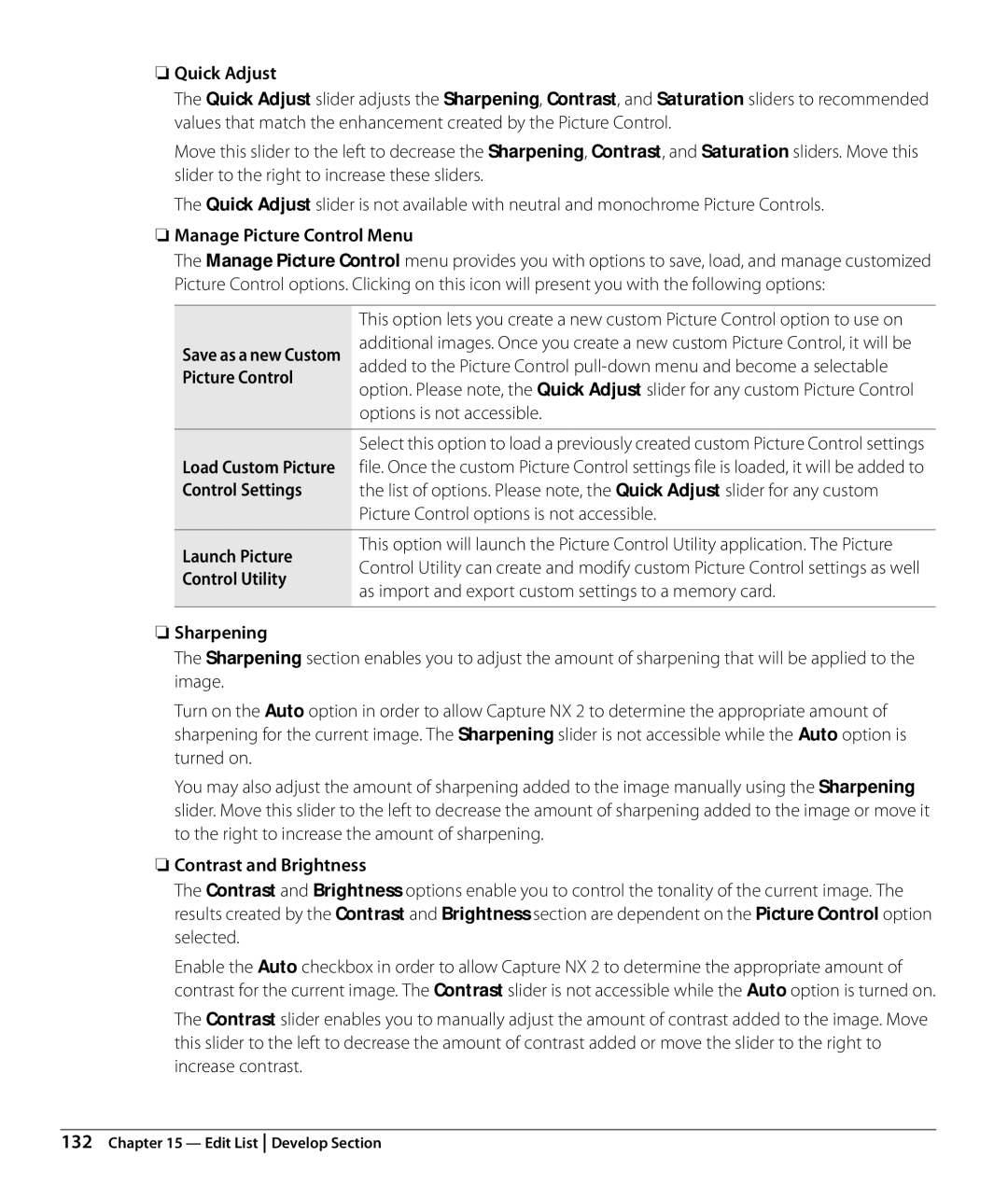 Nikon Capture NX2 user manual Quick Adjust, Manage Picture Control Menu, Launch Picture, Control Utility, Sharpening 