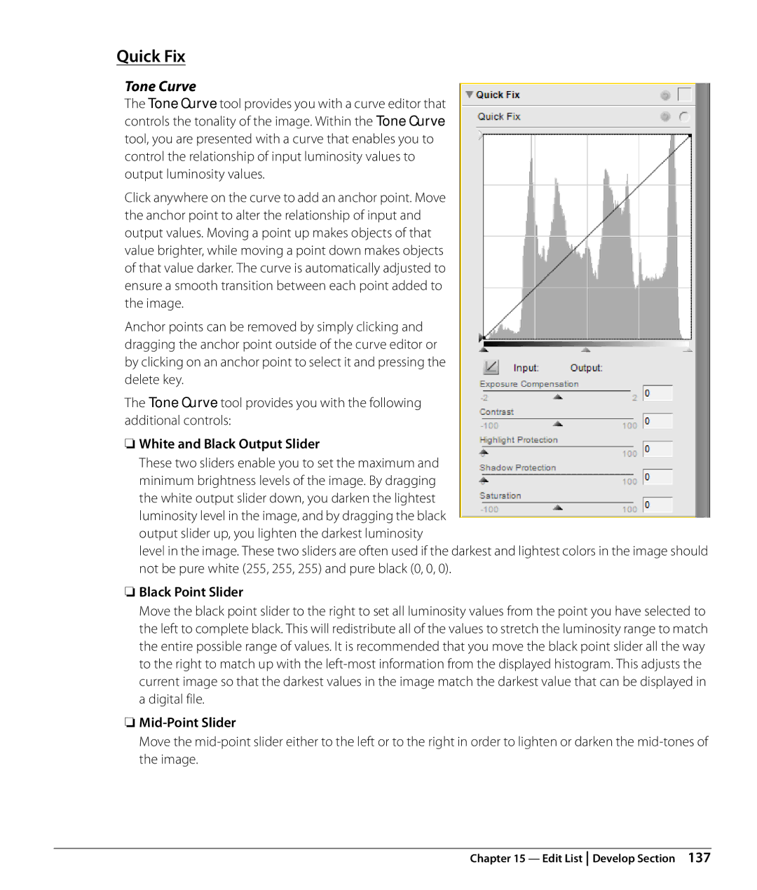 Nikon Capture NX2 user manual Quick Fix, Tone Curve, White and Black Output Slider, Black Point Slider, Mid-Point Slider 