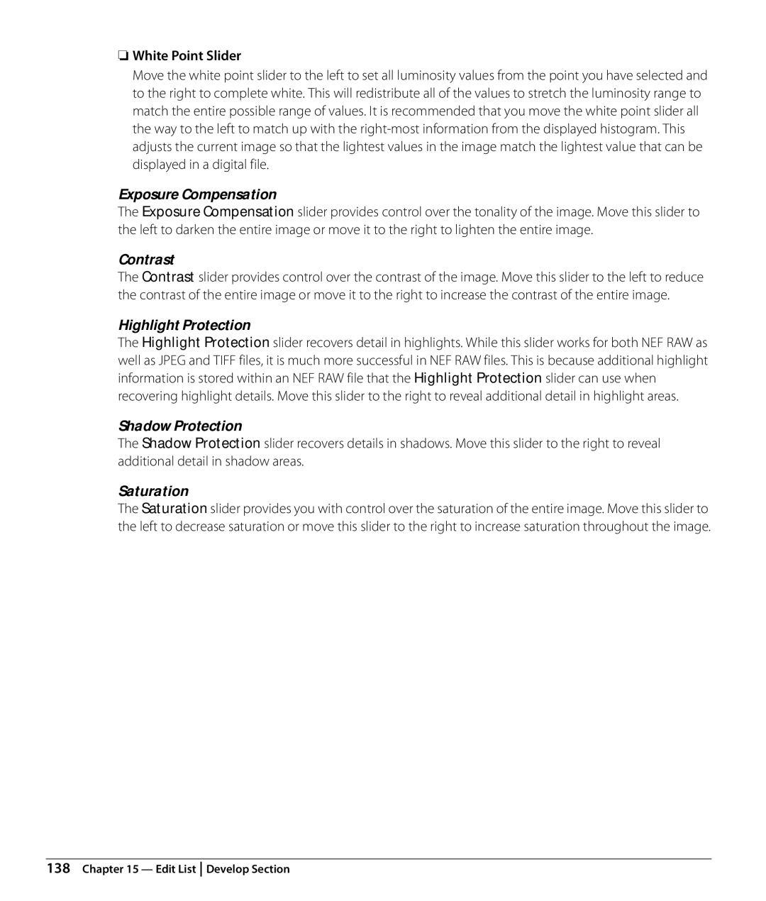 Nikon Capture NX2 user manual Exposure Compensation, Contrast, Highlight Protection, Shadow Protection, White Point Slider 