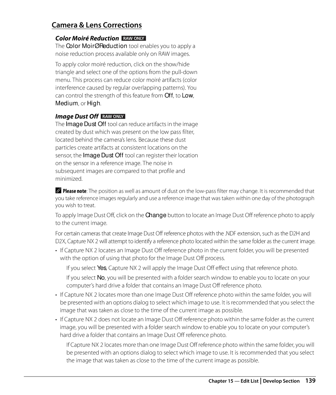 Nikon Capture NX2 user manual Camera & Lens Corrections, Color Moiré Reduction RAW only, Image Dust Off RAW only 