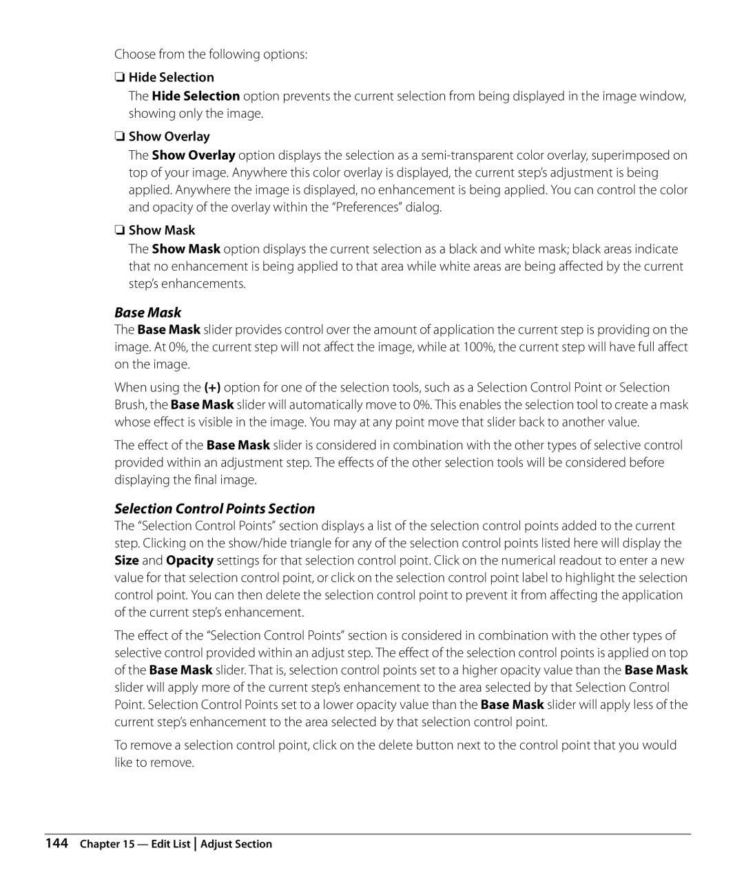 Nikon Capture NX2 user manual Base Mask, Selection Control Points Section, Hide Selection, Show Overlay, Show Mask 