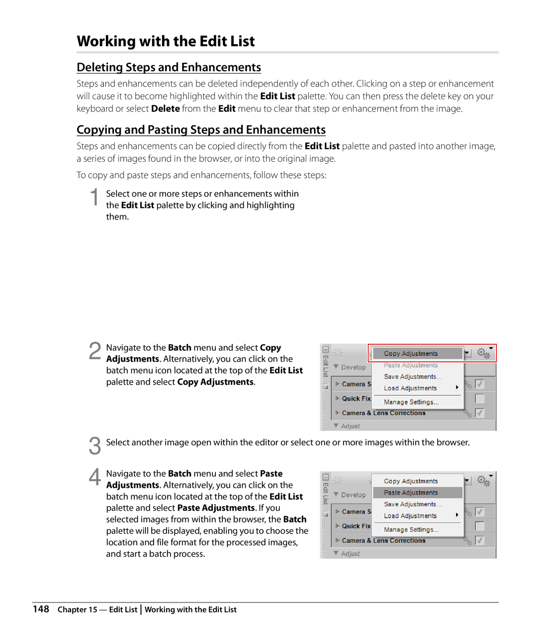 Nikon Capture NX2 Working with the Edit List, Deleting Steps and Enhancements, Copying and Pasting Steps and Enhancements 