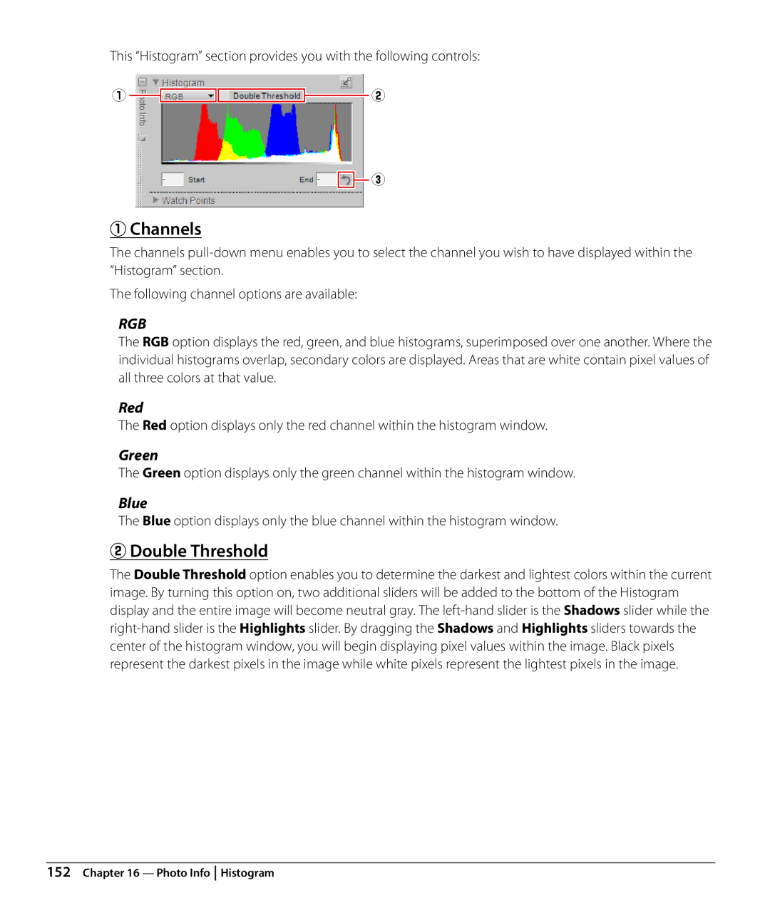 Nikon Capture NX2 user manual Channels, Double Threshold, Red, Green, Blue 