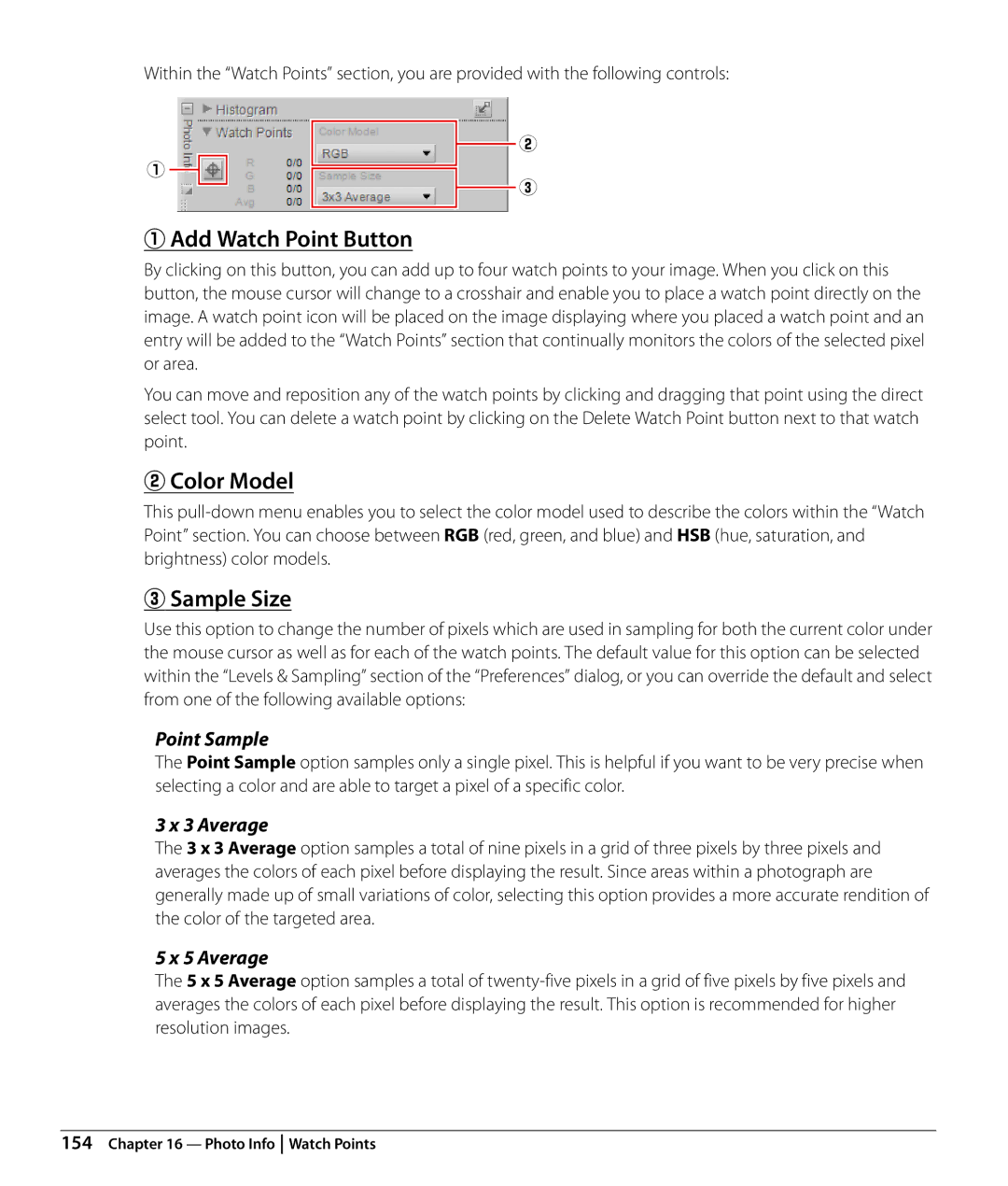 Nikon Capture NX2 user manual Add Watch Point Button, Color Model, Sample Size 