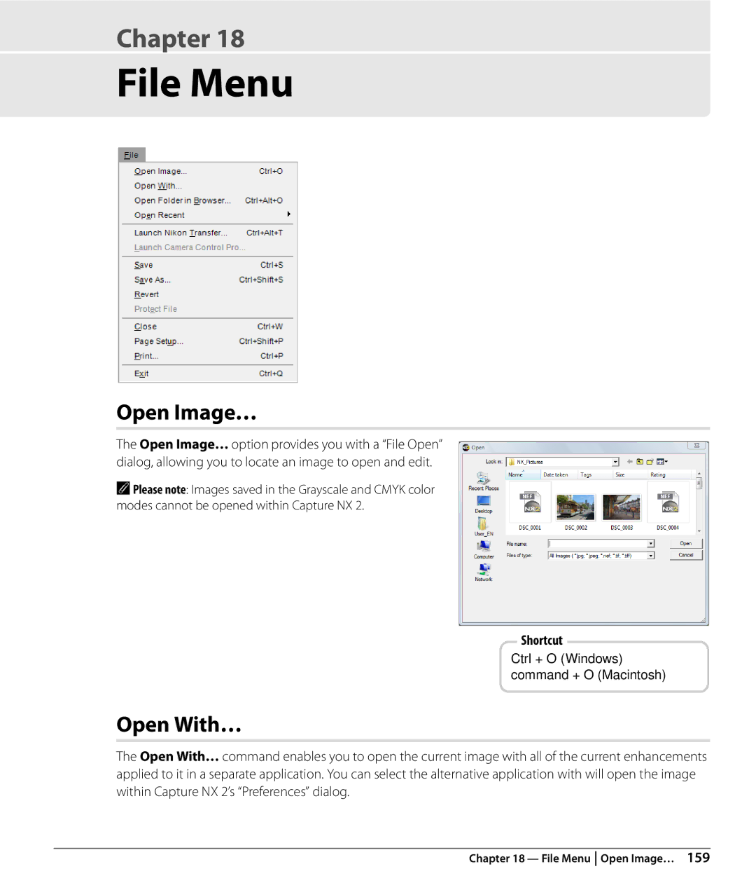 Nikon Capture NX2 user manual File Menu, Open Image…, Open With… 