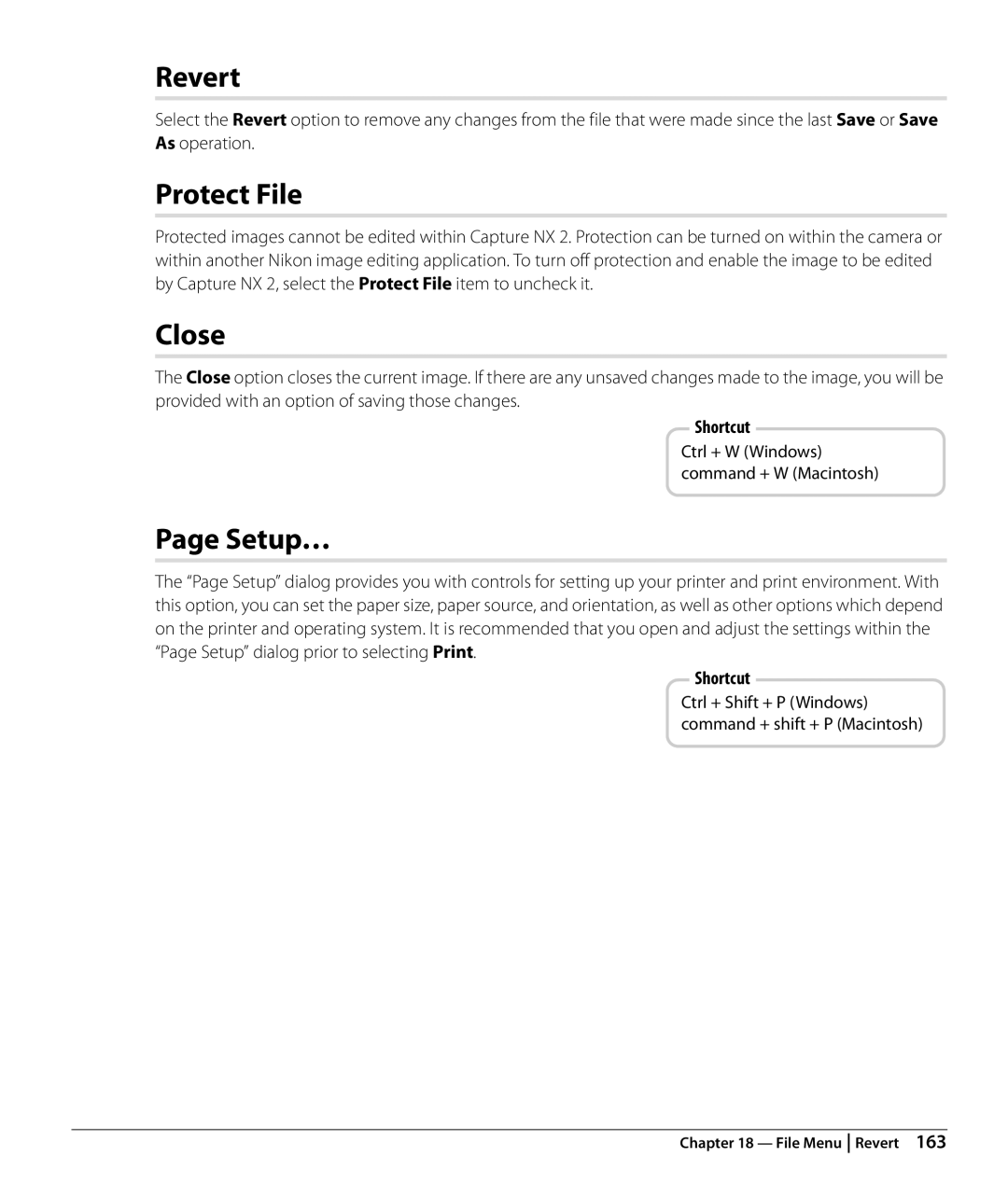 Nikon Capture NX2 user manual Revert, Protect File, Close, Setup… 