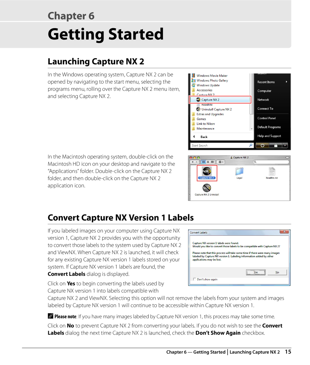 Nikon Capture NX2 user manual Getting Started, Launching Capture NX, Convert Capture NX Version 1 Labels 