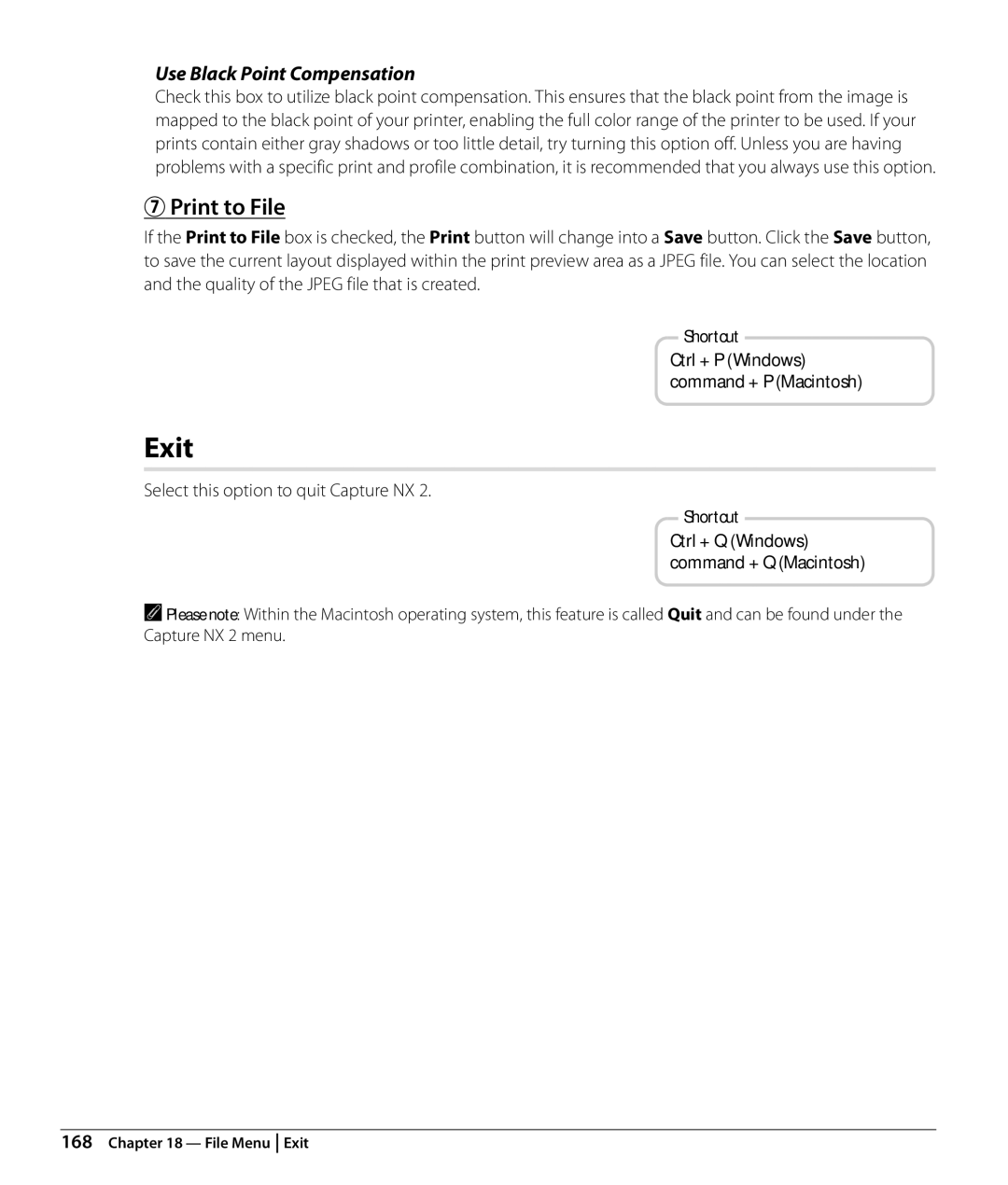 Nikon Capture NX2 user manual Exit, Print to File, Select this option to quit Capture NX 